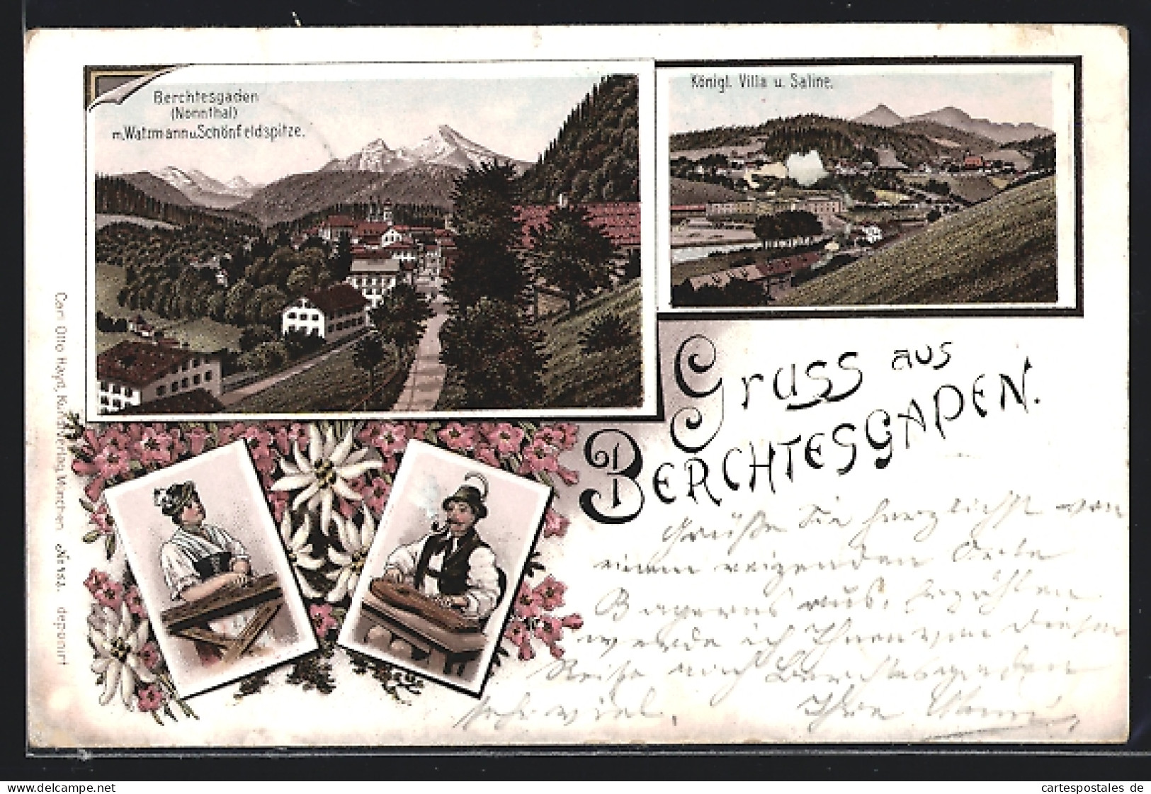 Vorläufer-Lithographie Berchtesgaden, 1895, Königl. Villa Und Saline, Nonnthal Mit Watzmann Und Schönfeldspitze  - Berchtesgaden