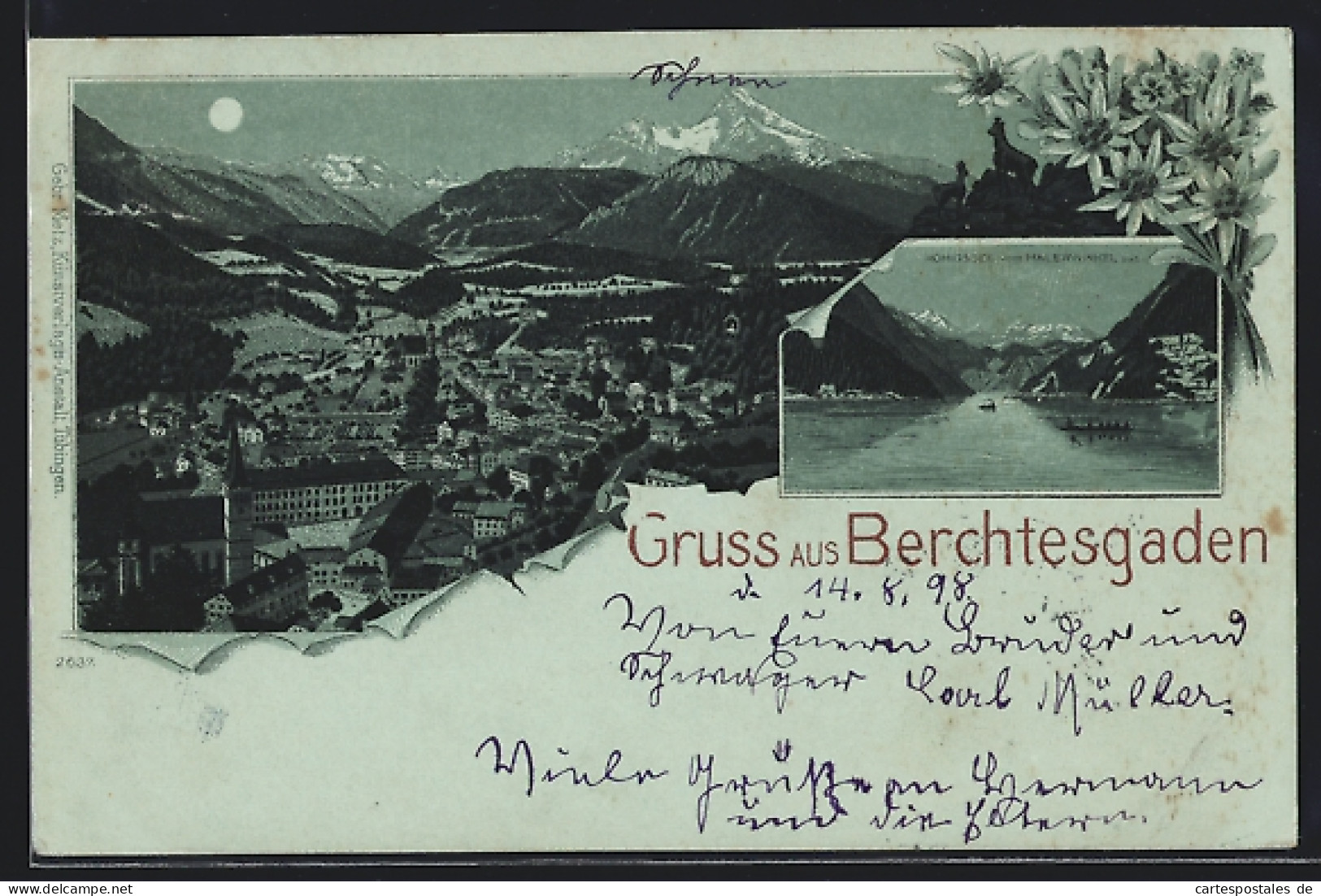 Mondschein-Lithographie Berchtesgaden, Königssee Vom Malerwinkel Aus, Gesamtansicht Mit Bergen  - Berchtesgaden