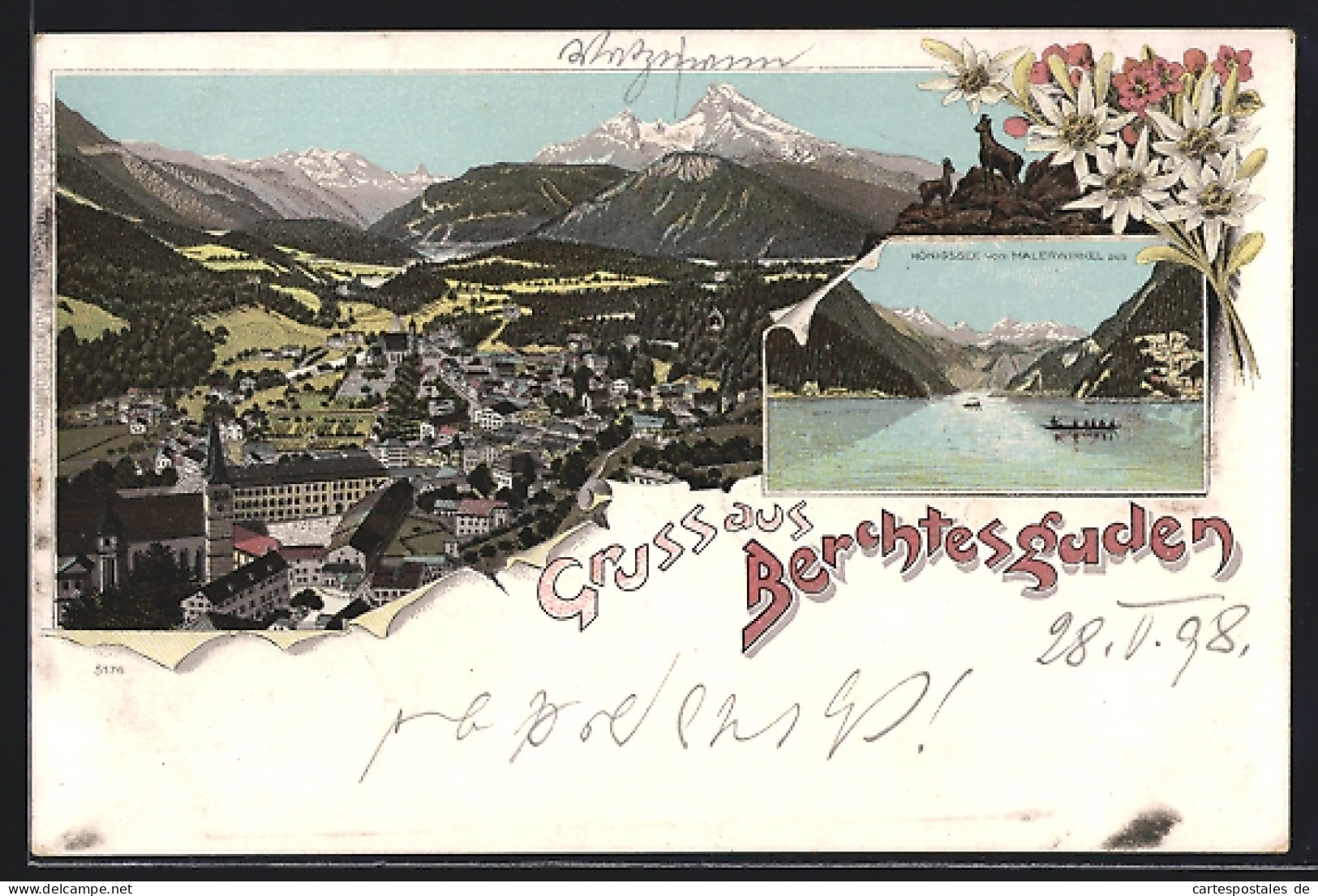 Lithographie Berchtesgaden, Königssee Mit Bootspartie, Gesamtansicht Mit Bergpanorama  - Berchtesgaden