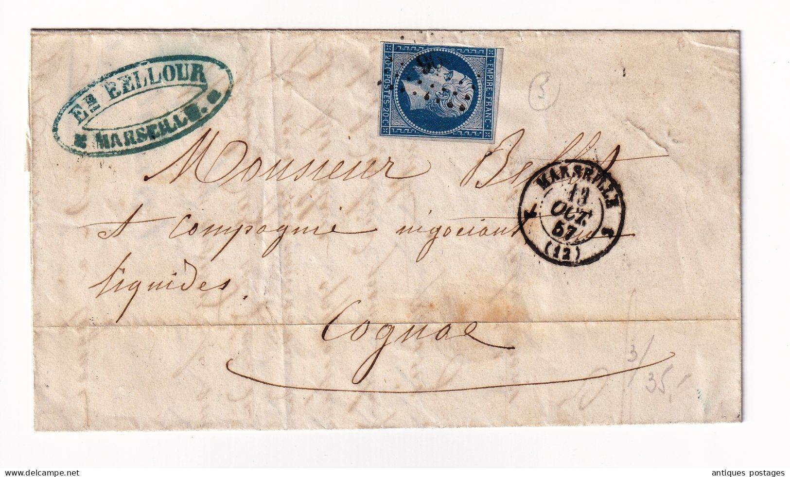 Lettre 1857 Marseille Bellcour Bouches Du Rhône Cognac Vermouth Charente Bellot & Cie - 1853-1860 Napoleon III