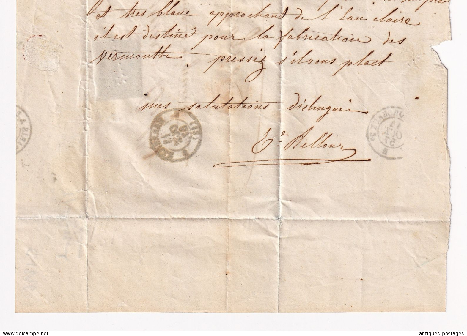 Lettre 1857 Marseille Bellcour Bouches du Rhône Cognac Vermouth Charente Bellot & Cie