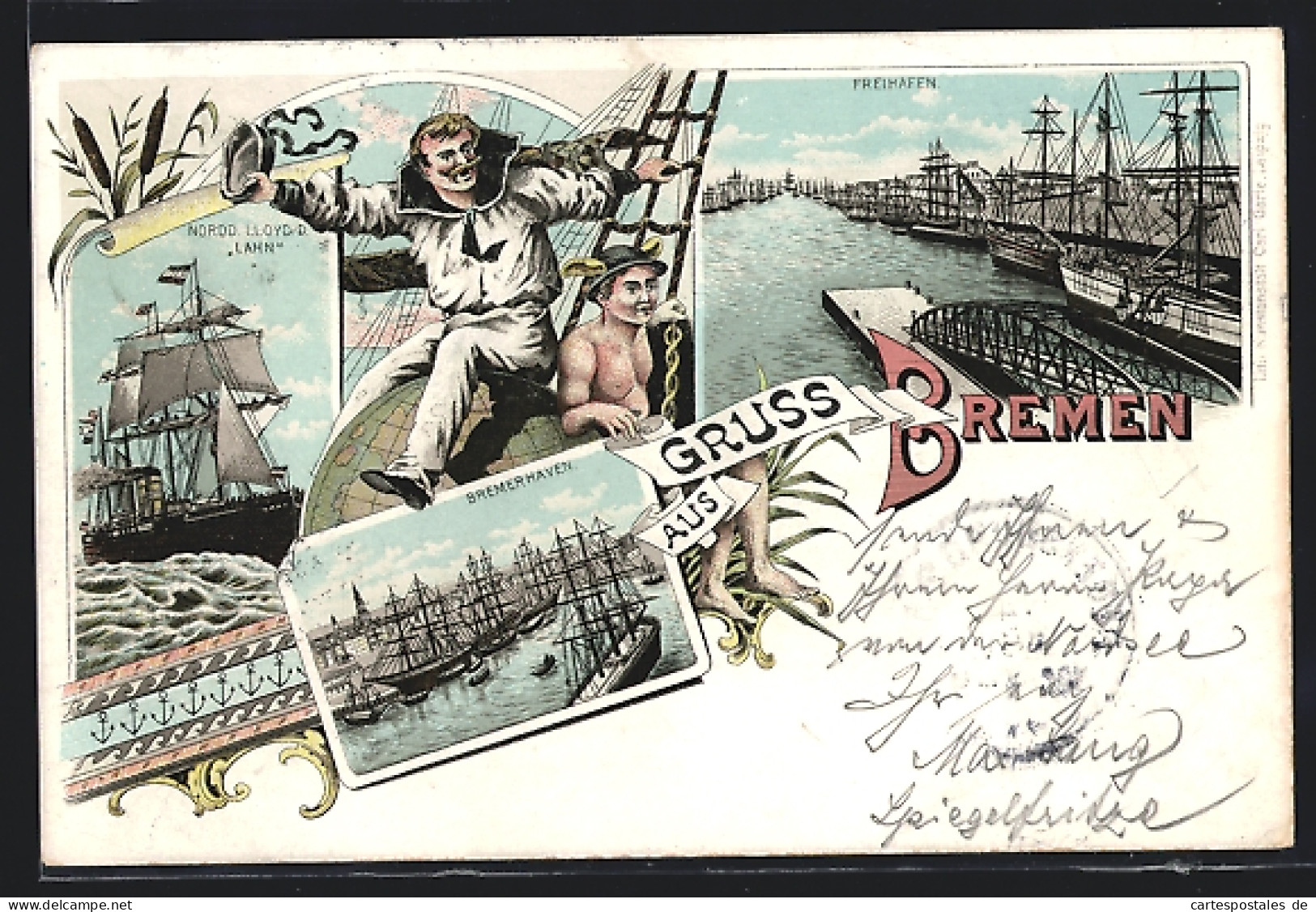 Lithographie Bremen, Freihafen, Bremerhaven, Nordd. Lloyd-Dampfer Lahn  - Bremerhaven