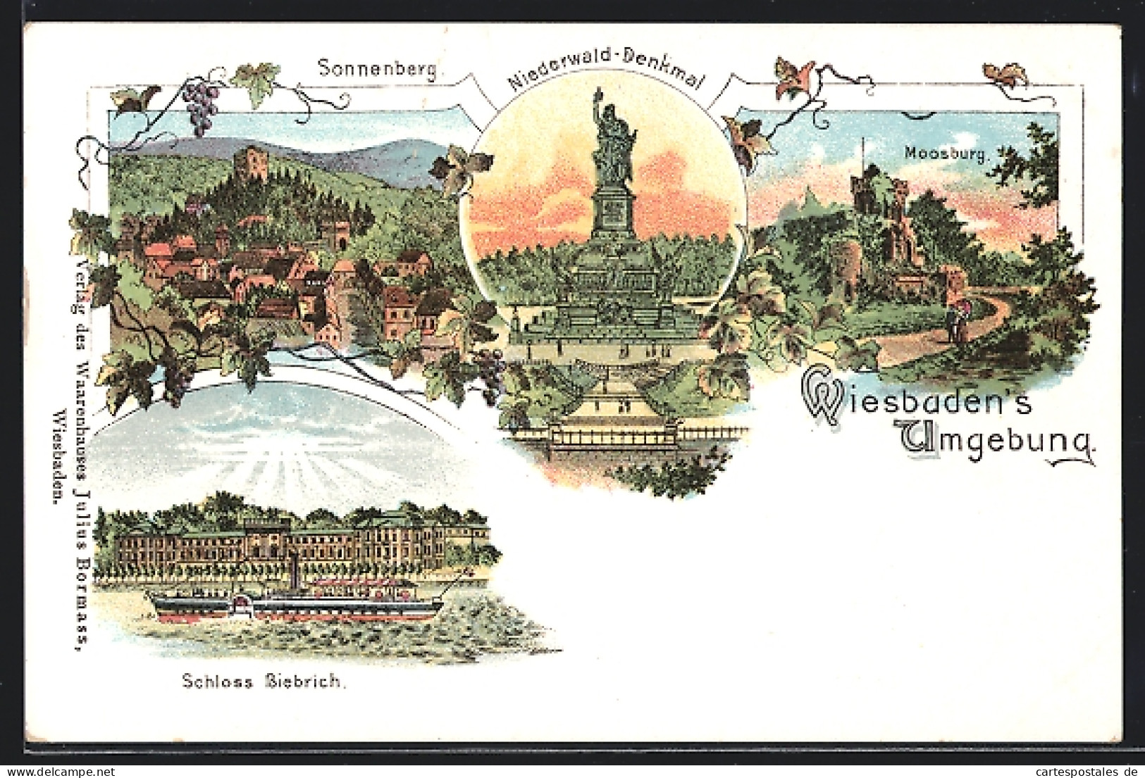 Lithographie Wiesbaden, Sonnenberg, Niederwald-Denkmal, Moosburg, Schloss Biebrich  - Wiesbaden