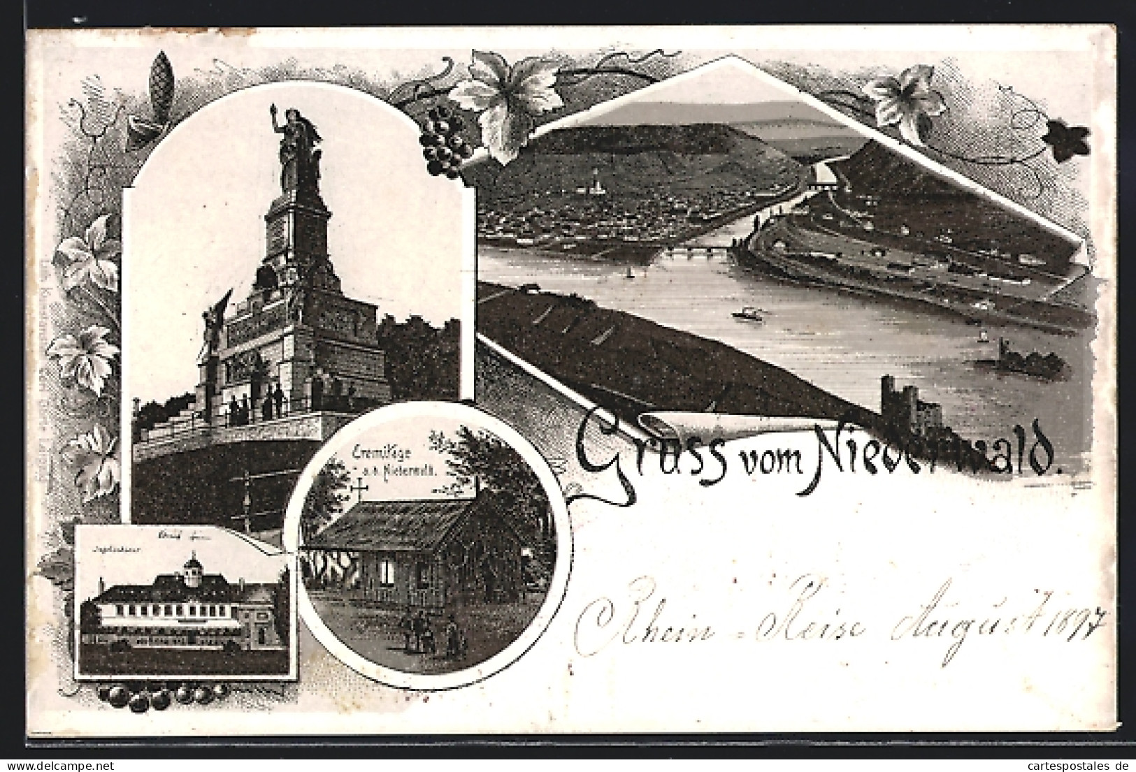 Lithographie Bingen Am Rhein, Eremitage A. D. Niederwall, Jagdschloss, Niederwalddenkmal  - Jacht