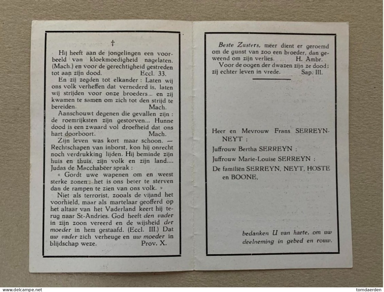 BP Albert Serreyn Gent Oostakker 06/1944 Gefusilleerd 40-45 24e Linie - Partizanen Commandant Weerstander Verzet WO2 - Devotieprenten