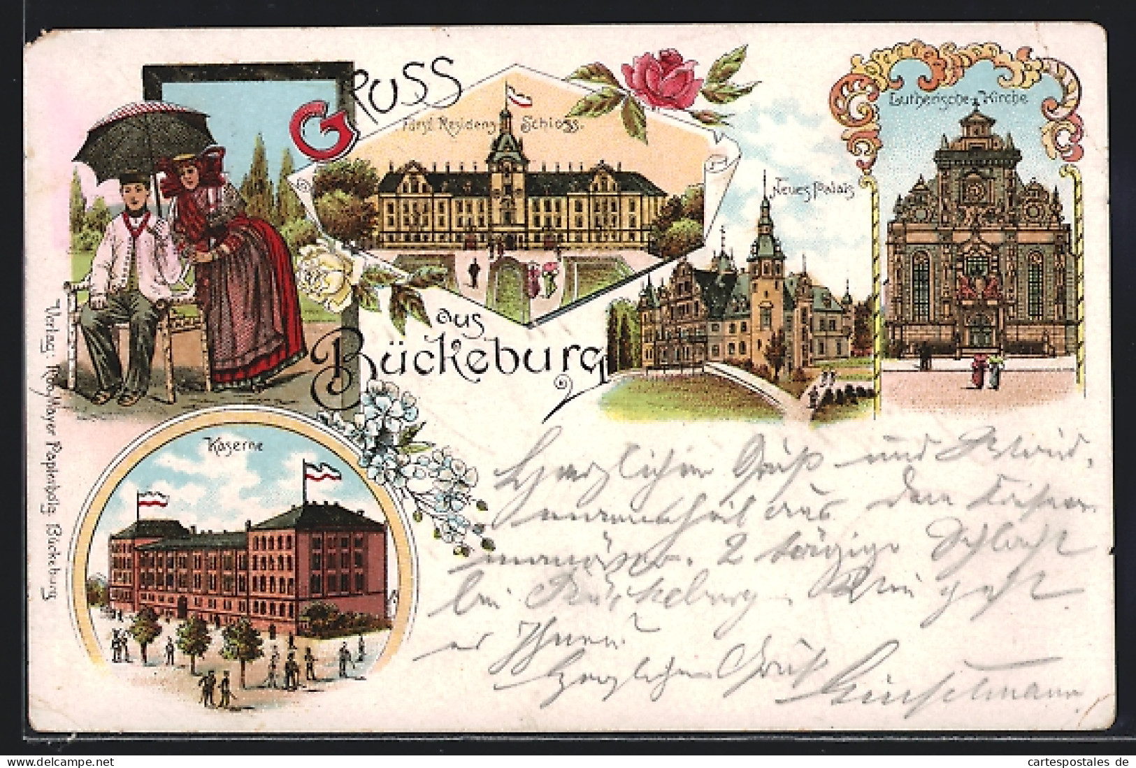 Lithographie Bückeburg, Kaserne, Lutherische Kirche, Neues Palais, Fürstl. Residenz-Schloss  - Bückeburg