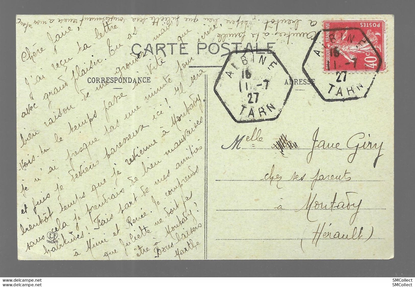 Rare TAD Hexagonal Des Recettes Auxiliaires Rurales Albine 1927. Sauveterre, La Grande Route De Saint Pons (A11p79) - Handstempel