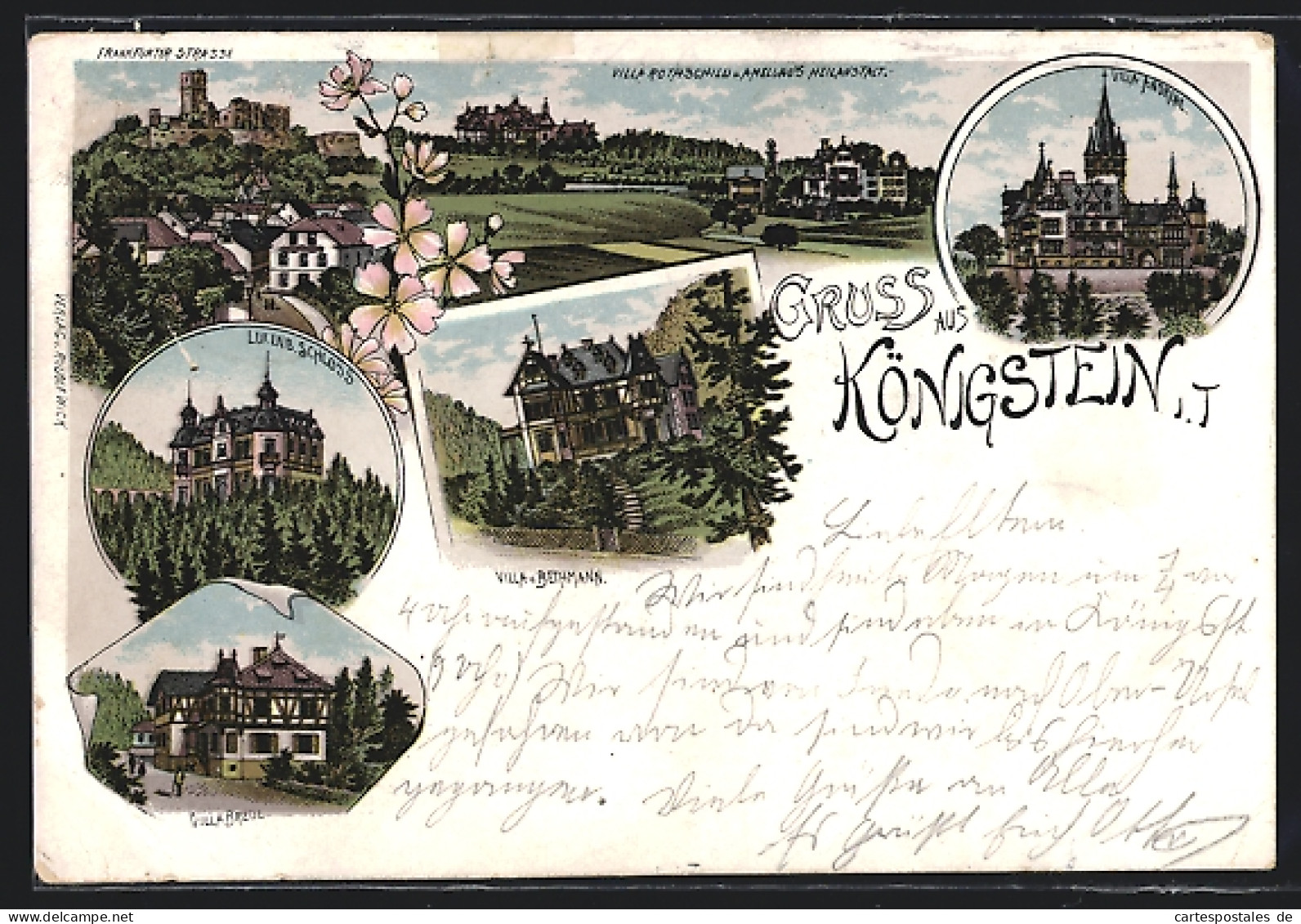 Lithographie Königstein I. T., Ortspartie Frankfurter Strasse Mit Villa Rothschild Und Amelungs Heilanstalt, Villa Br  - Königstein