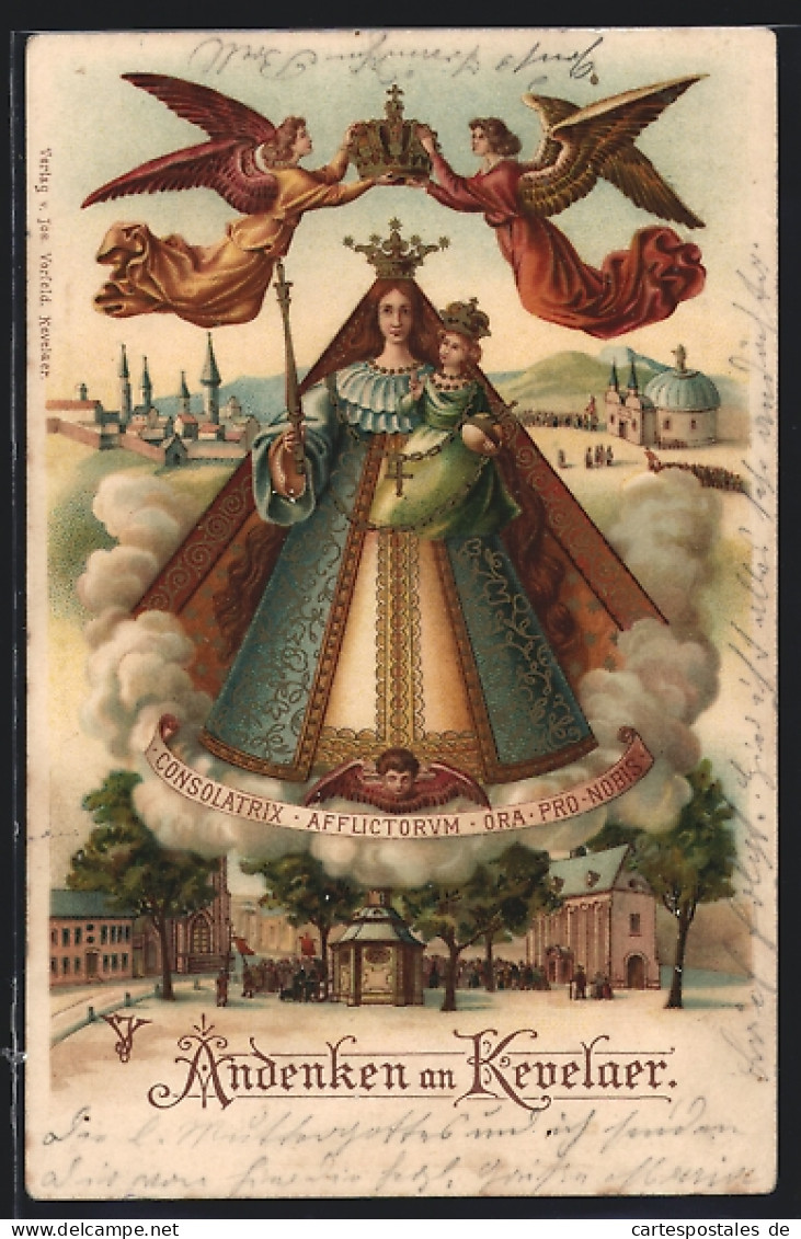 Lithographie Kevelaer, Kapelle Mit Prozession, Maria Mit Engeln  - Kevelaer