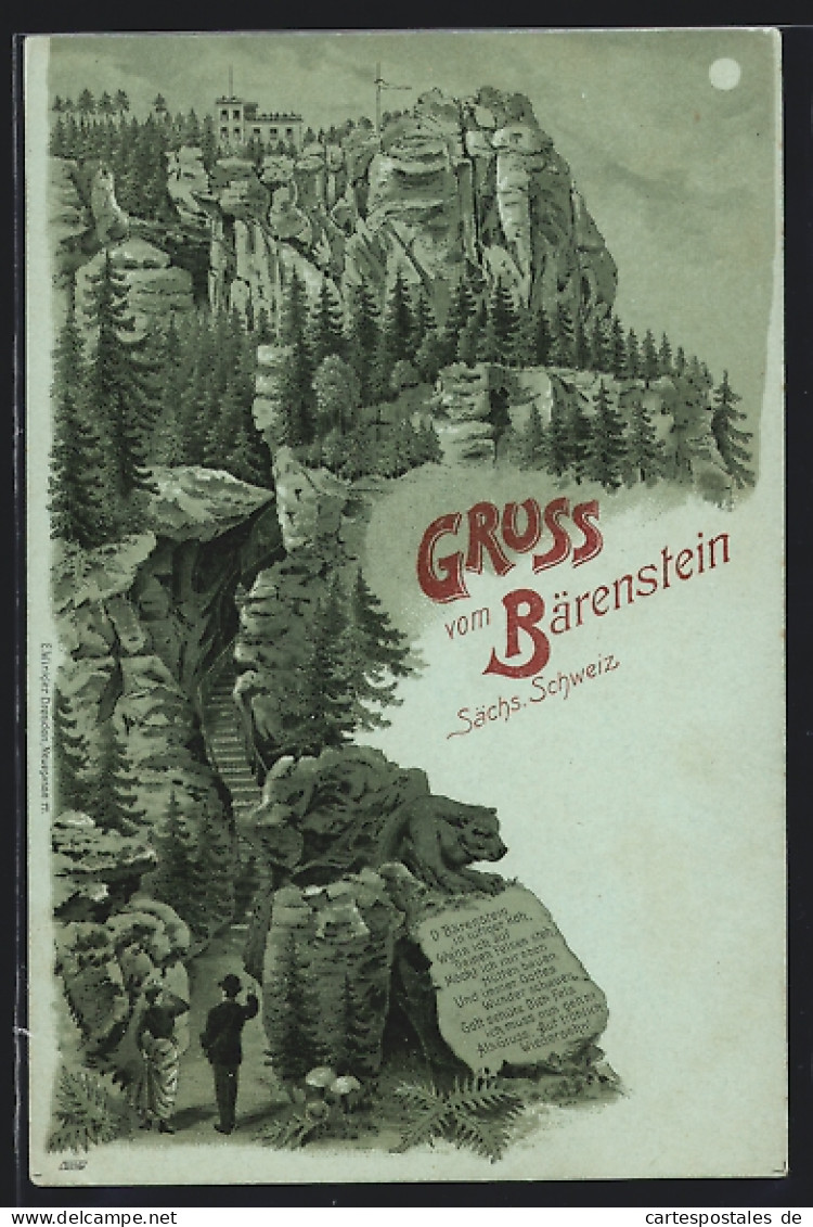 Mondschein-Lithographie Bärenstein /Sächs. Schweiz, Panorama Mit Restaurant Auf Dem Gipfel  - Bärenstein