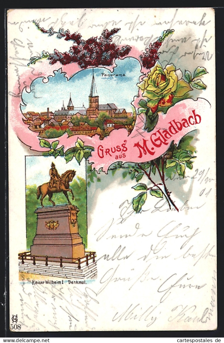 Lithographie Mönchengladbach, Kaiser Wilhelm I. Denkmal, Panorama Mit Kirche, Blumen  - Moenchengladbach