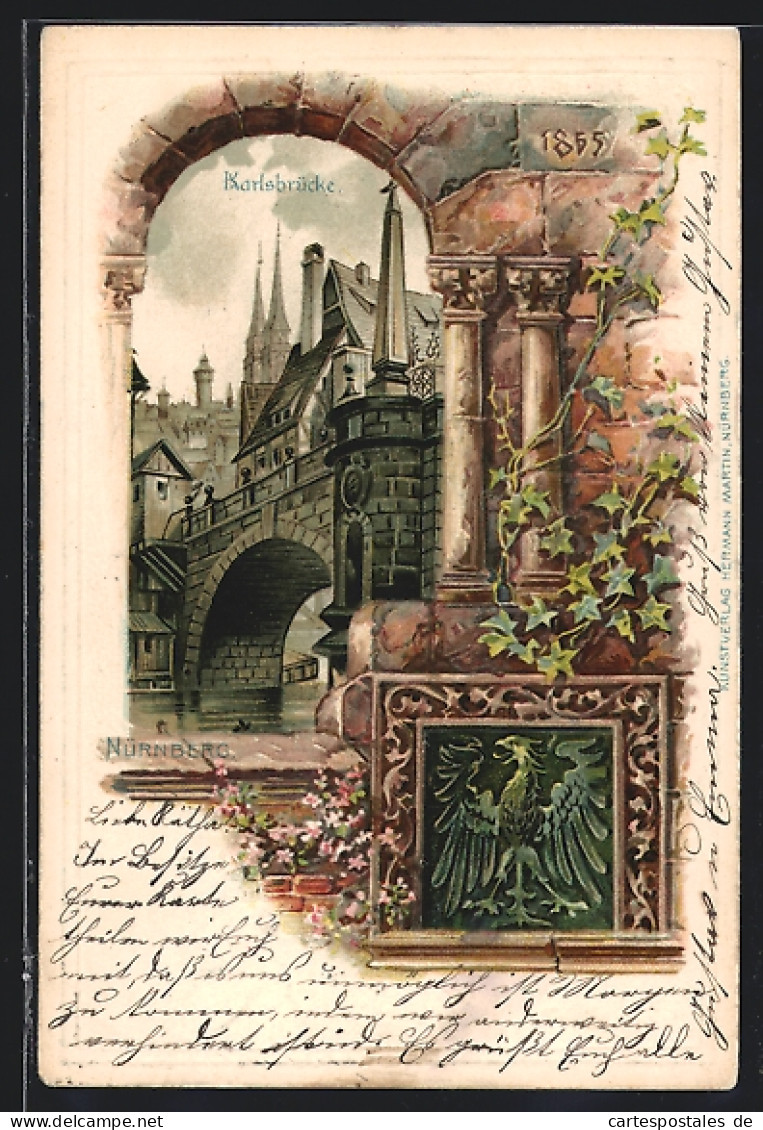 Passepartout-Lithographie Nürnberg, Karlsbrücke, Adler  - Autres & Non Classés