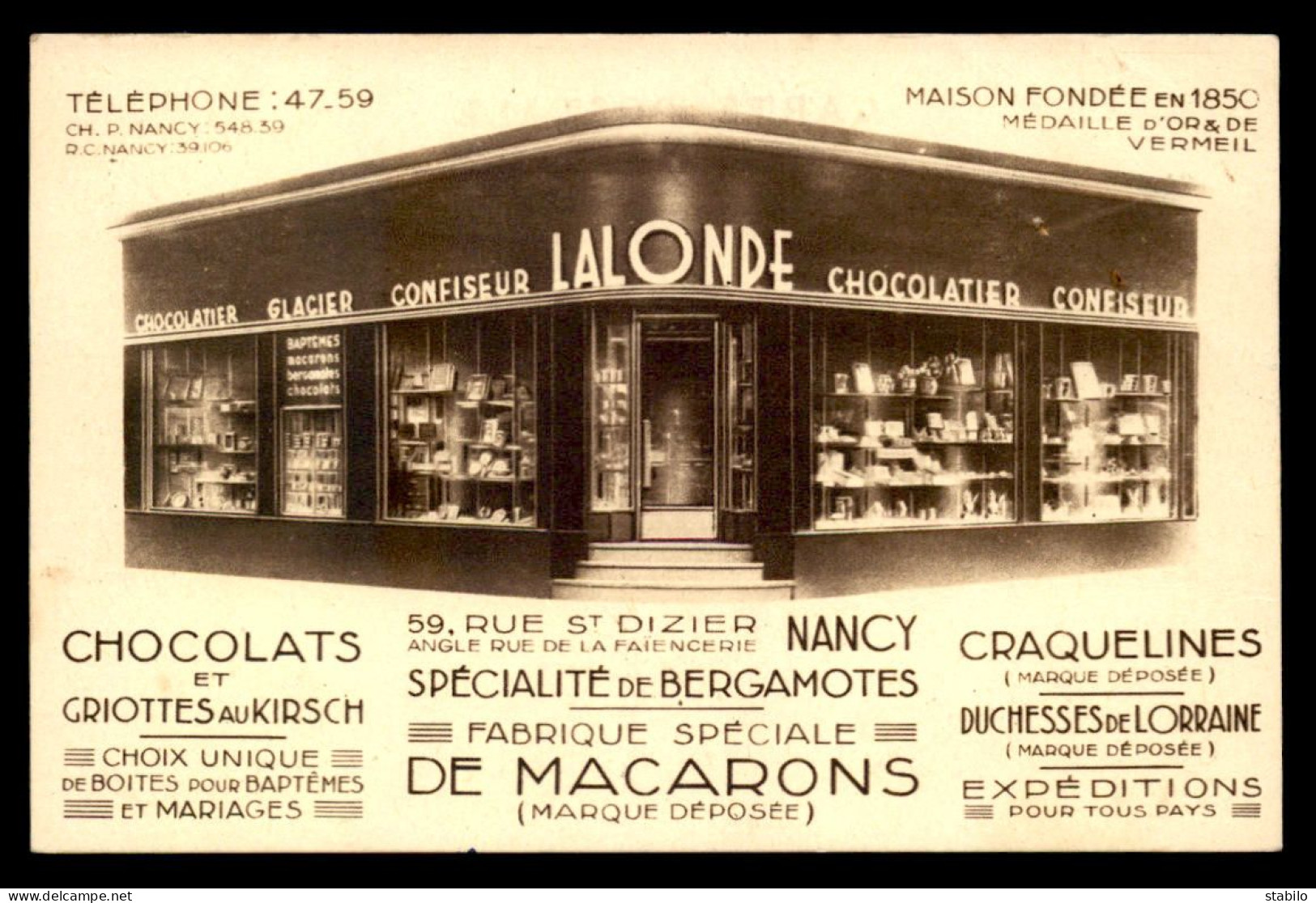 54 - NANCY - MAISON LALONDE,CHOCOLATIER, CONFISEUR, GLACIER - 59 RUE ST-DIZIER - Nancy