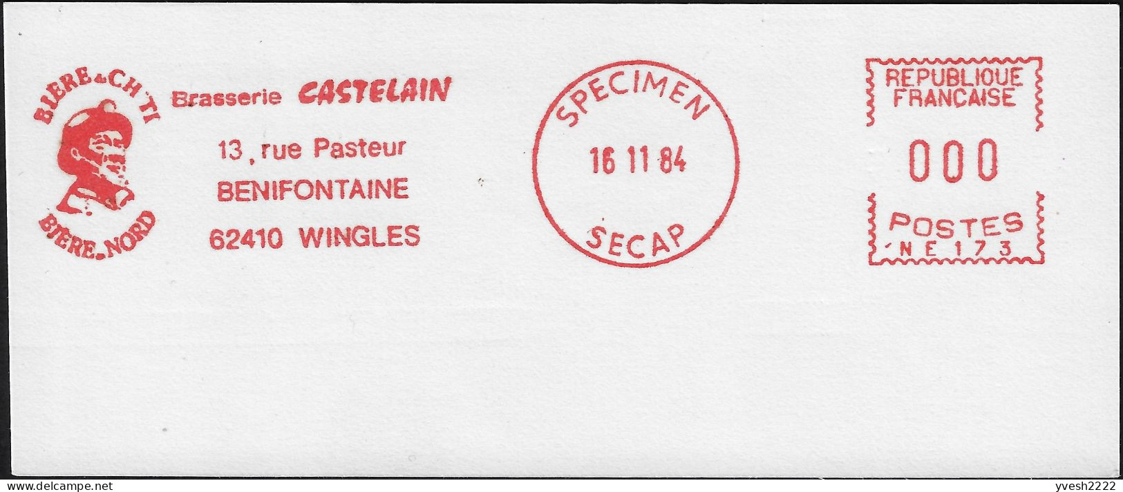 France 1984 EMA, Empreinte De Machine à Affranchir Spécimen Secap. Bierre De Ch'ti, Bière Du Nord. Mineur. Wingles - Bier