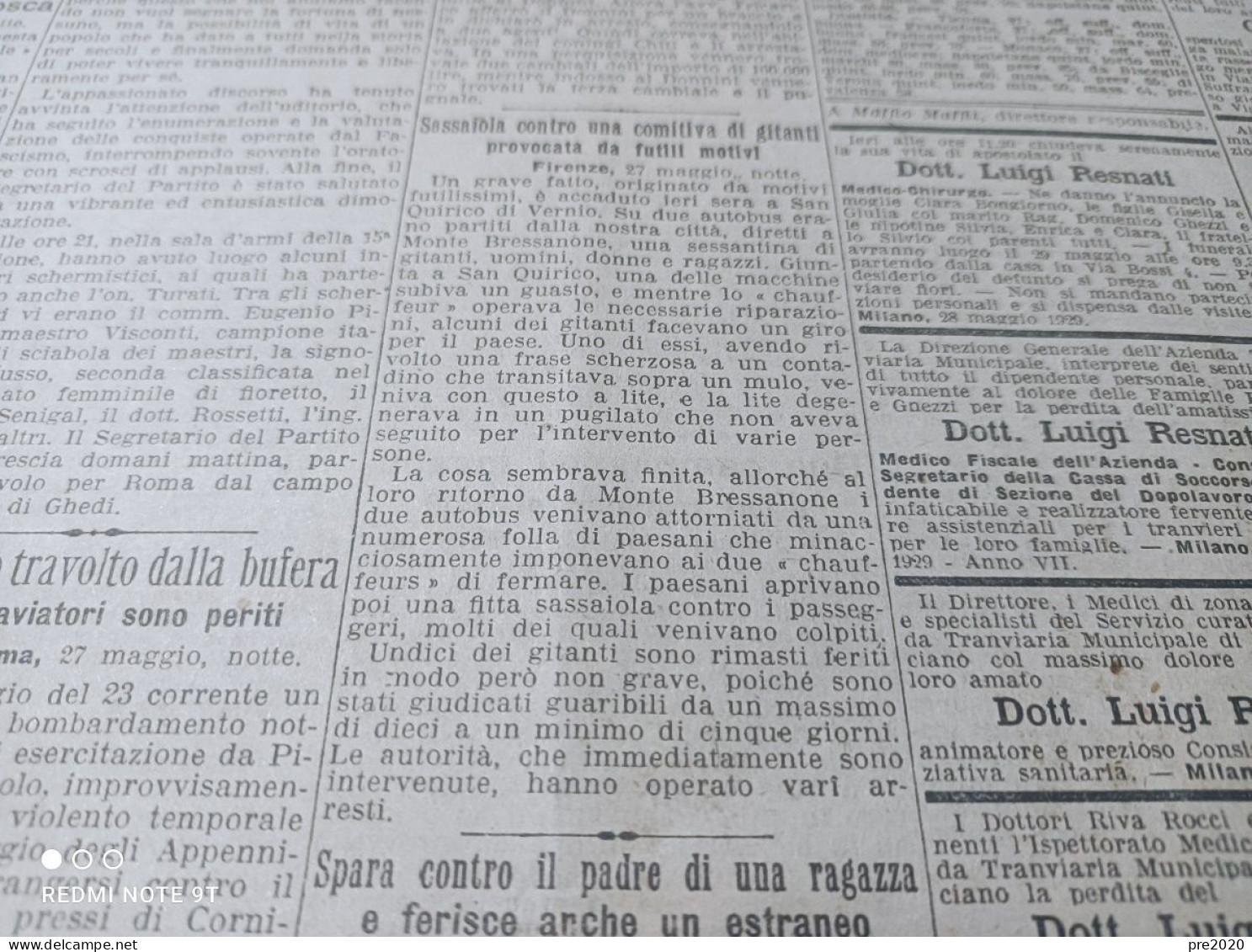 CORRIERE DELLA SERA 28/5/1929 CASCELLA SCULTORE CRESCENZAGO AOSTA SAN QUIRICO DI VERNIO - Autres & Non Classés