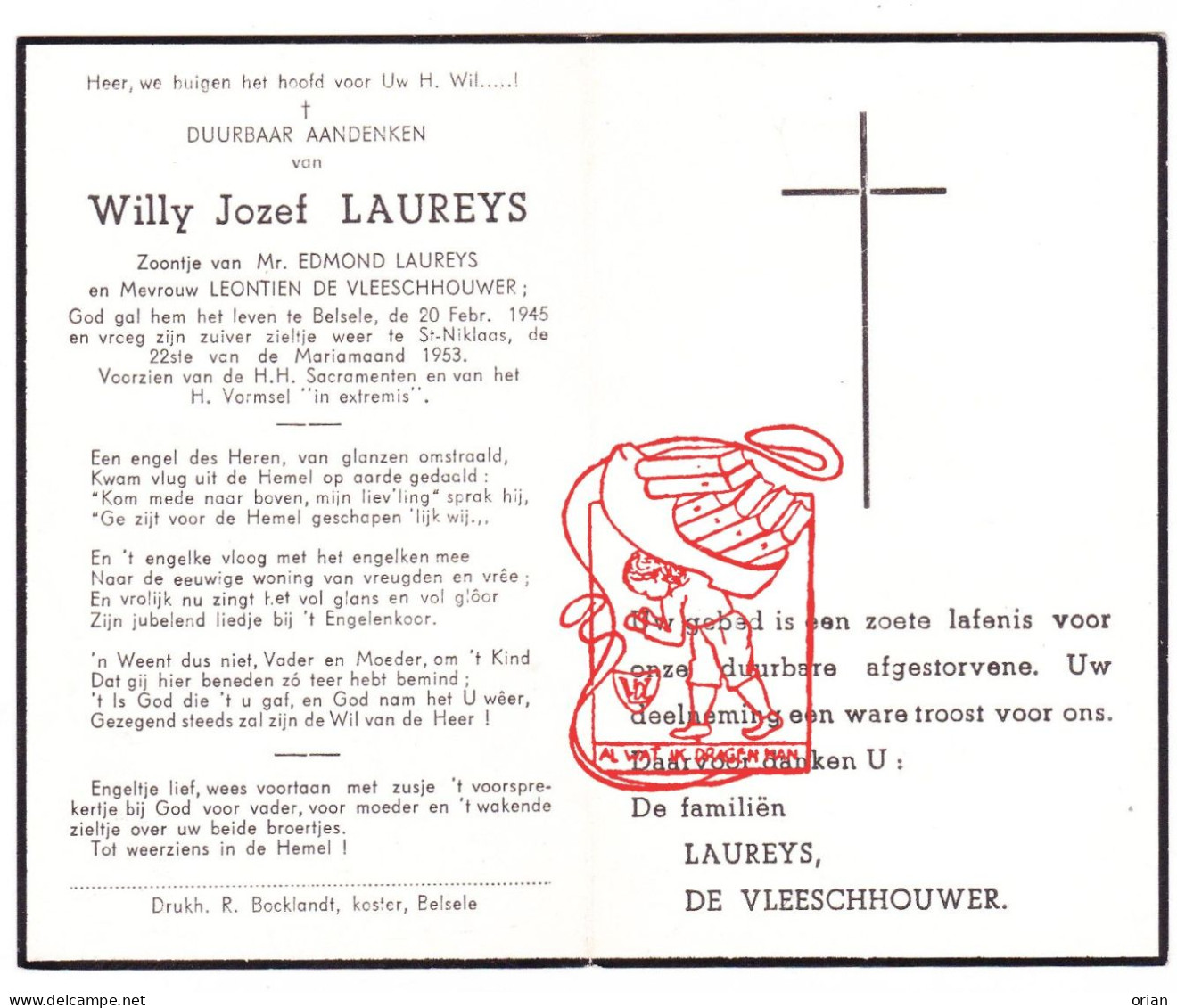 DP Willy Jozef Laureys / De Vleeschhouwer 8j. ° Belsele 1945 † Sint-Niklaas 1953 - Andachtsbilder
