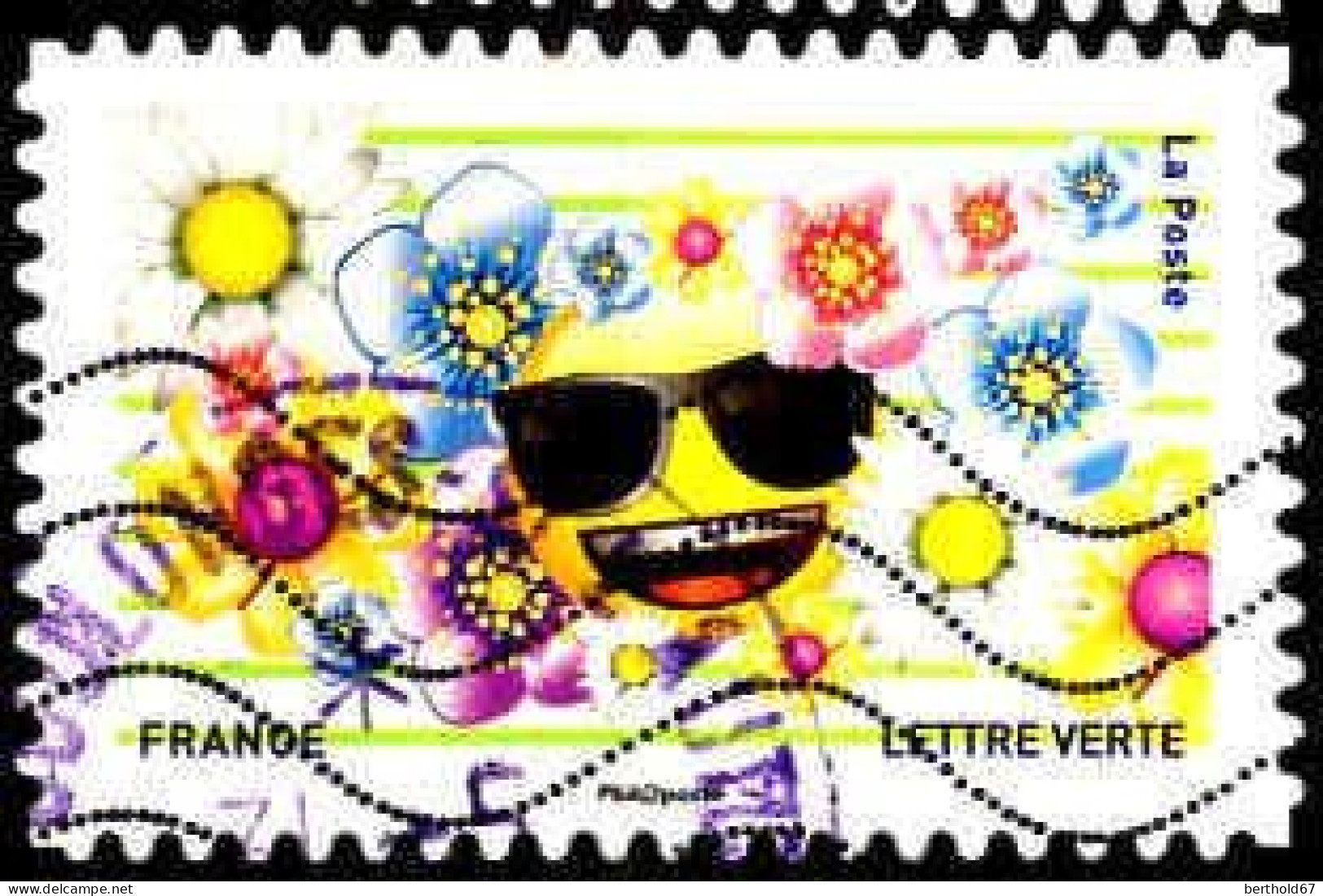 France Poste AA Obl Yv:1562 Mi:7008 Emoji Avec Lunettes De Soleil & Fleurs (TB Cachet Rond) - Used Stamps
