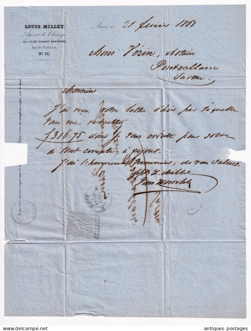 Lettre1861 Paris Louis Millet Agent De Change Pontvallain Sarthe Vérin Notaire - 1853-1860 Napoleon III
