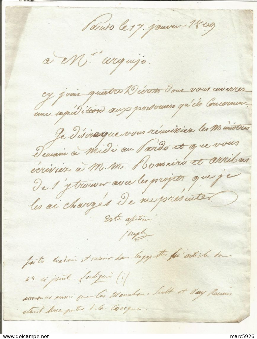 N°2045 ANCIENNE LETTRE DE JOSEPH BONAPARTE A URQUIJO DATE 17 JANVIER 1809 - Historische Dokumente