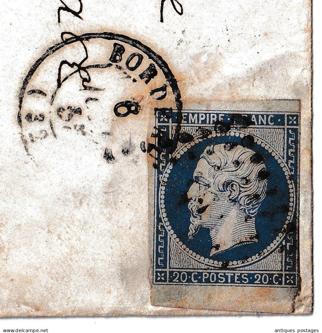 Bord De Feuille Napoléon III 20 Centimes  Non Dentelé Lettre Bordeaux Gironde Bazas - 1853-1860 Napoléon III