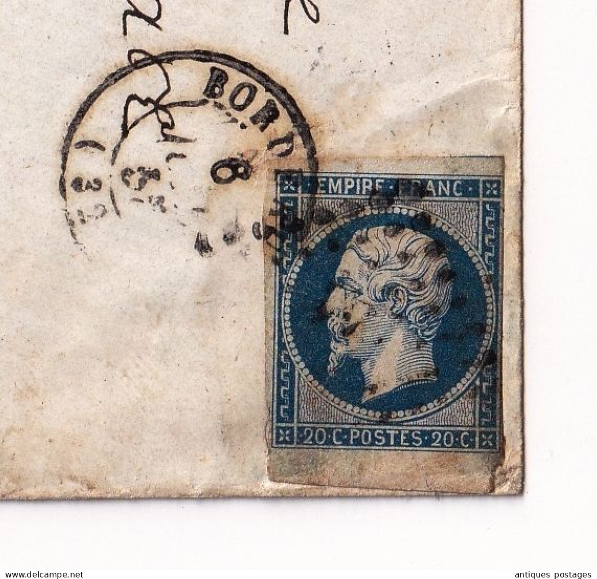 Bord De Feuille Napoléon III 20 Centimes  Non Dentelé Lettre Bordeaux Gironde Bazas - 1853-1860 Napoléon III