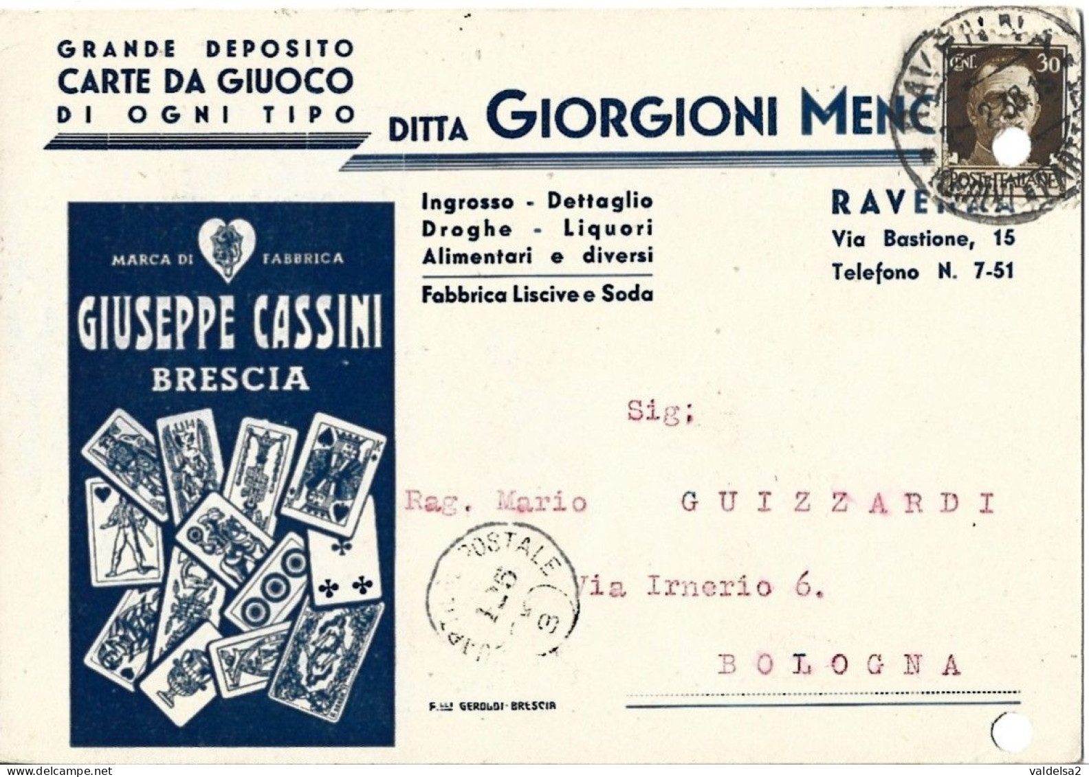 RAVENNA - CARTOLINA COMMERCIALE "GIORGIONI MENOTTI" DEPOSITO CARTE DA GIOCO GIUSEPPE CASSINI BRESCIA - 1938 - Ravenna