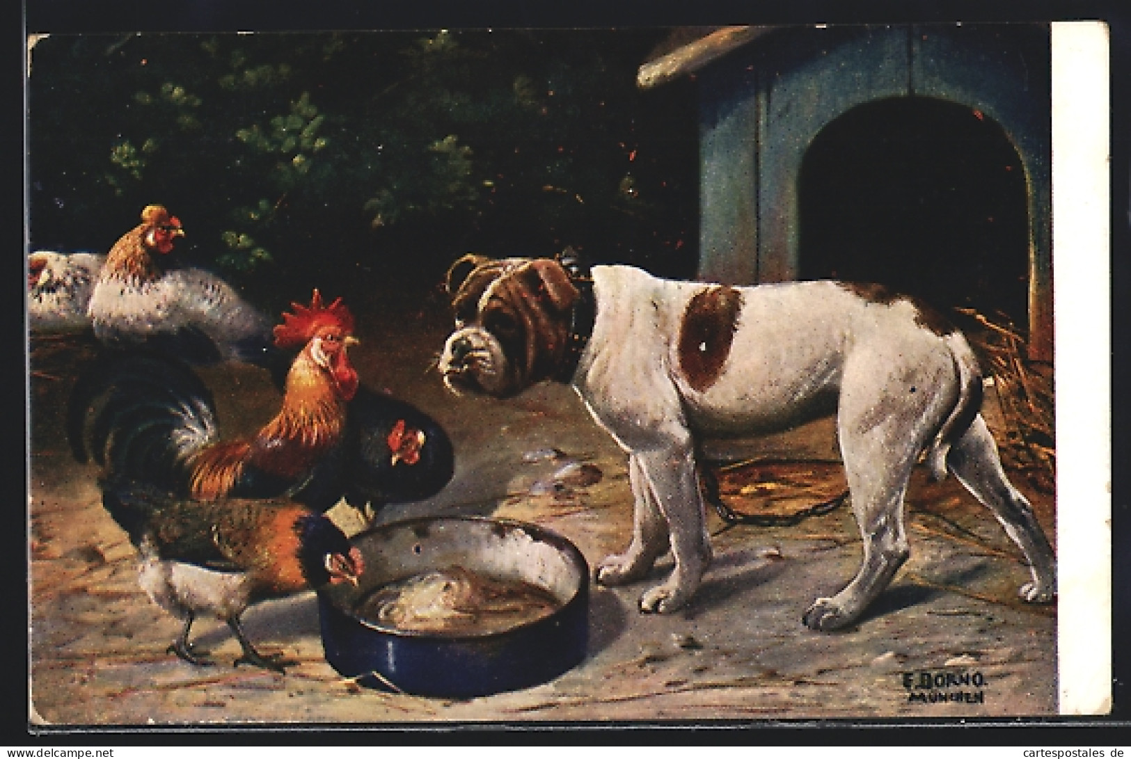 AK Bulldogge Verteidigt Futterschüssel Gegen Hühner  - Hunde
