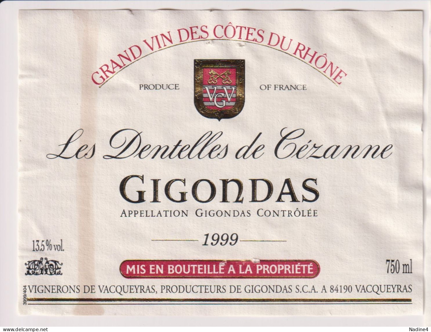 Etiket Etiquette - Vin Wijn - Les Dentelles De Cézanne - Gigondas - 1999 - Côtes Du Rhône