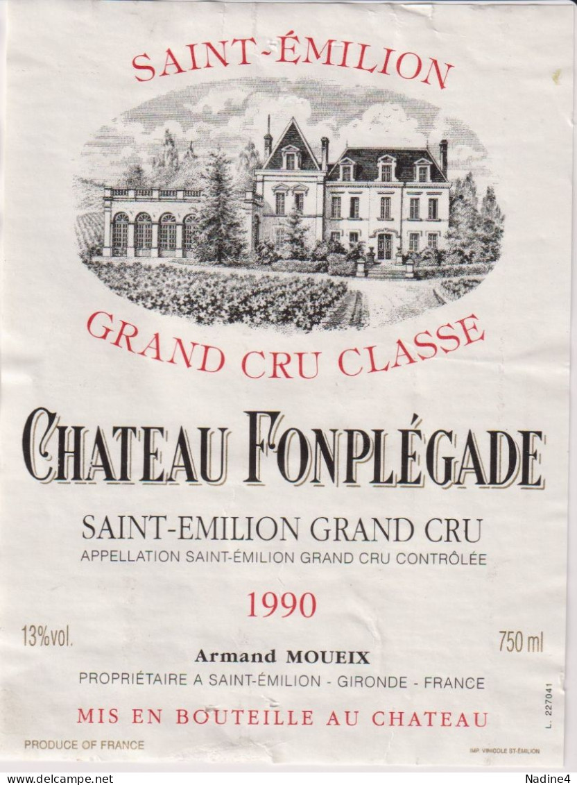 Etiket Etiquette - Vin Wijn -Chateau Fonplégade - Saint Emilion Grand Cru - 1990 - Bordeaux