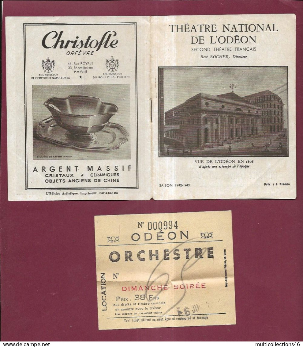 150524 - PROGRAMME THEATRE ODEON 1942 43 + Ticket 38 Frs - Roi Jean Shakespeare - Programas