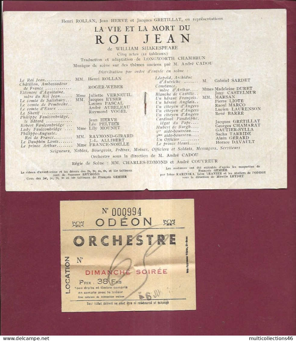 150524 - PROGRAMME THEATRE ODEON 1942 43 + Ticket 38 Frs - Roi Jean Shakespeare - Programmes
