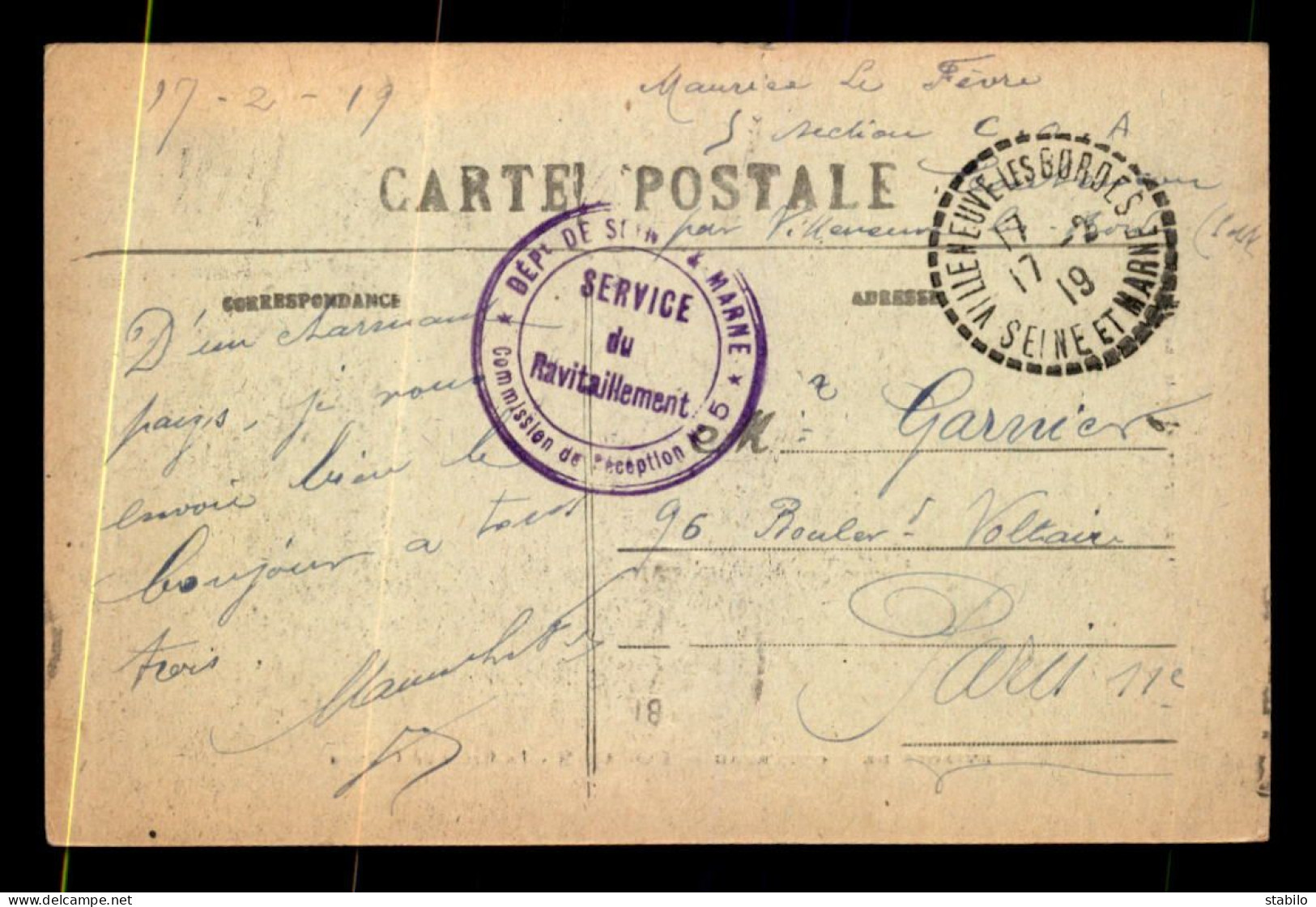 CACHET DU SERVICE DE RAVITAILLEMENT DE LA COMMISSION DE RECEPTION DU DPT DE SEINE ET MARNE, VILLENEUVE-LES-BORDES - Guerra Del 1914-18