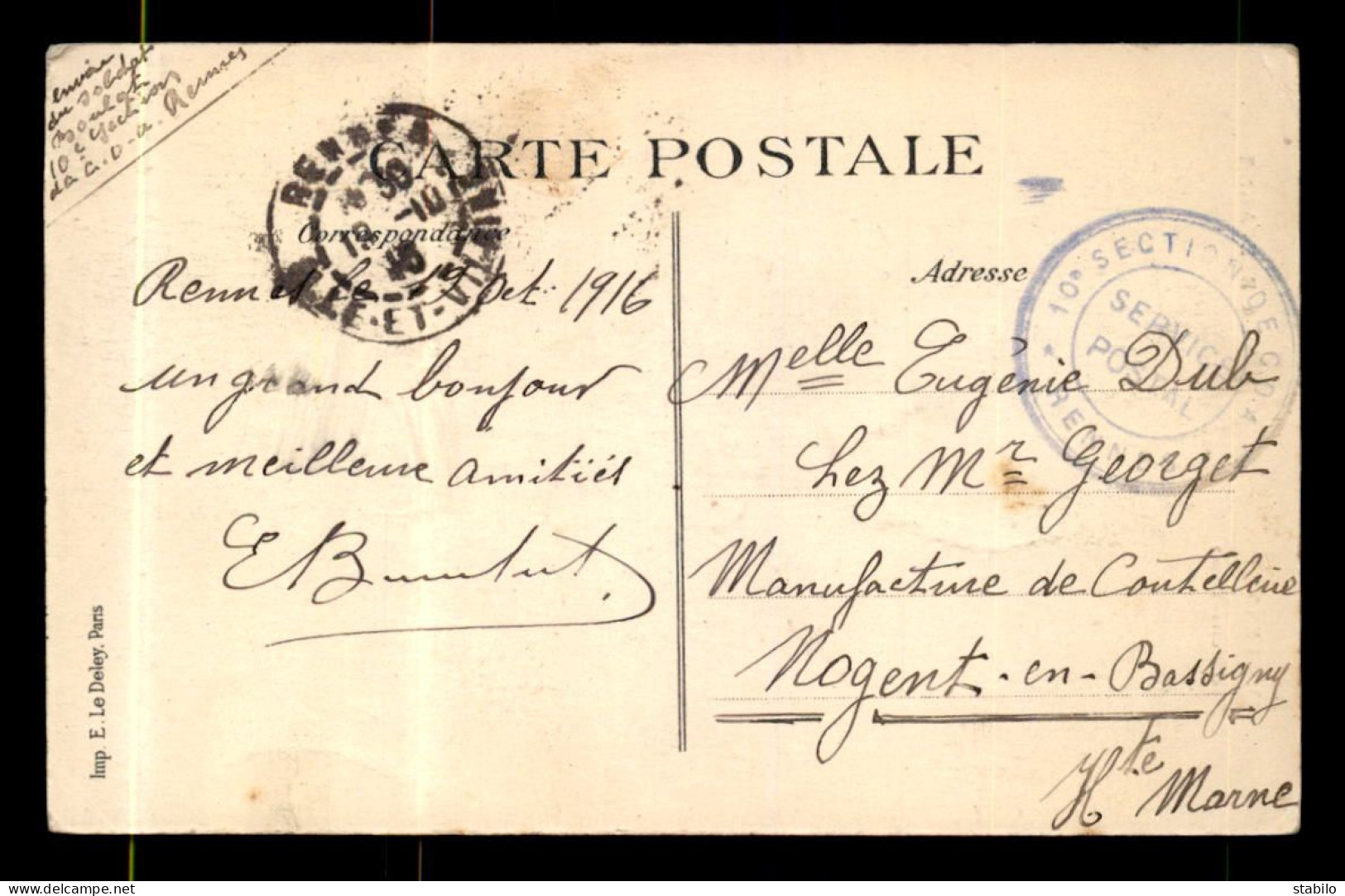 CACHET DU SERVICE POSTAL DE LA 10E SECTION DE C.O.A DE RENNES  - Guerra Del 1914-18