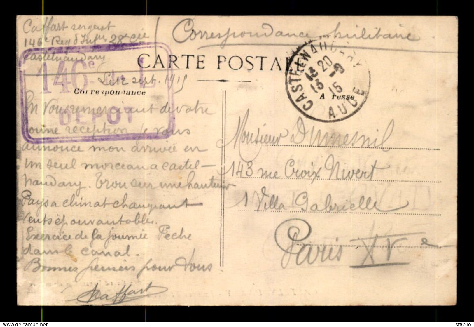 CACHET DU DEPOT DU 146E REGIMENT D'INFANTERIE A CASTELNAUDARY (AUDE) - Guerra Del 1914-18