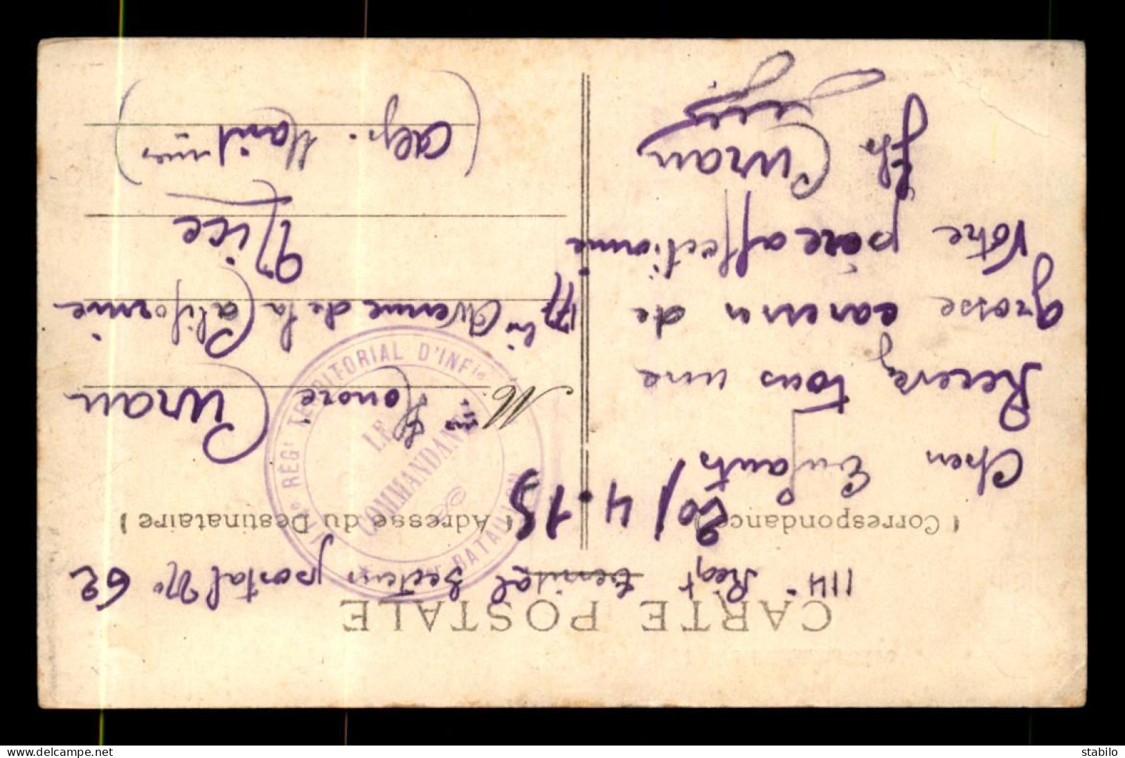 CACHET DU COMMANDANT DU 1ER BATILLON DU 114E REGIMENT TERRITORIAL D'INFANTERIE SUR CARTE D'ESCLAINVILLERS - WW I