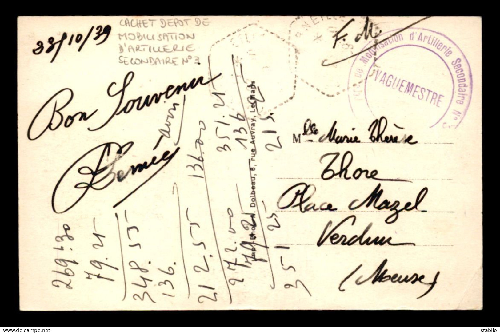 CACHET DU DEPOT DE MOBILISATION D'ARTILLERIE SECONDAIRE N°3 SUR CARTE DE ST-CORNEILLE (SARTHE) - VOYAGE LE 23.09.1939 - WW II