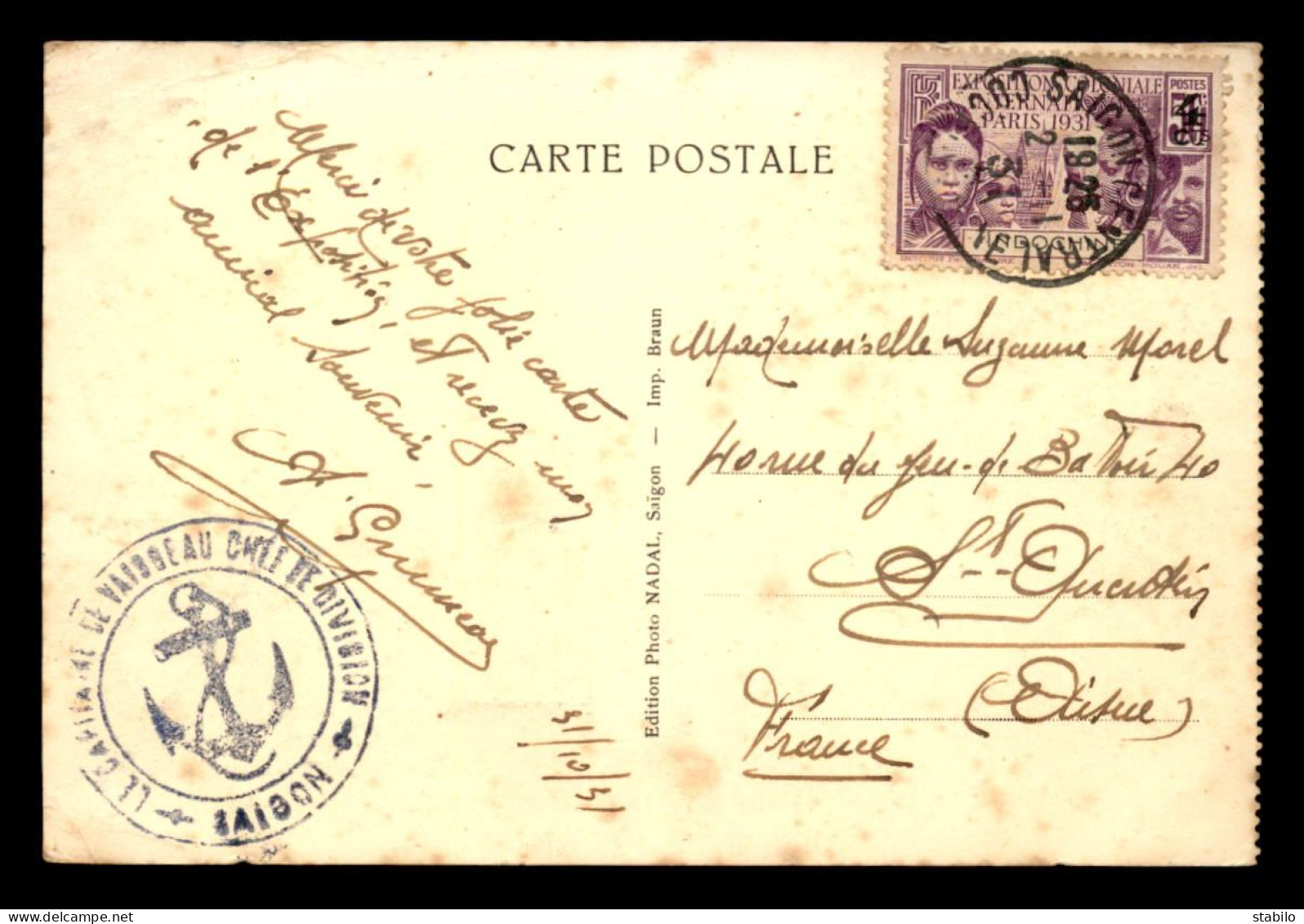 CACHET DU CAPITAINE DE VAISSEAU CHEF DE DIVISION - SAIGON (INDOCHINE) - VOYAGE LE 2.11.1931 - Military Postmarks From 1900 (out Of Wars Periods)