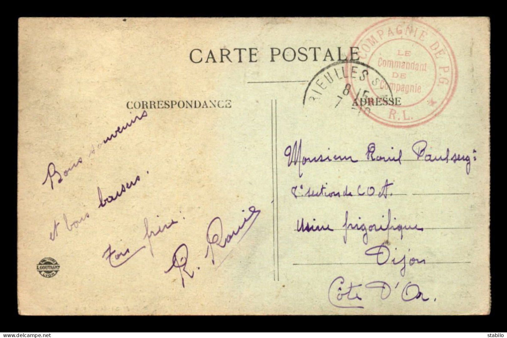  CACHET DU COMMANDANT DE COMPAGNIE DE PRISONNIERS DE GUERRE R.L AVEC CACHET DE BRIEULLES/MEUSE - Guerre De 1914-18