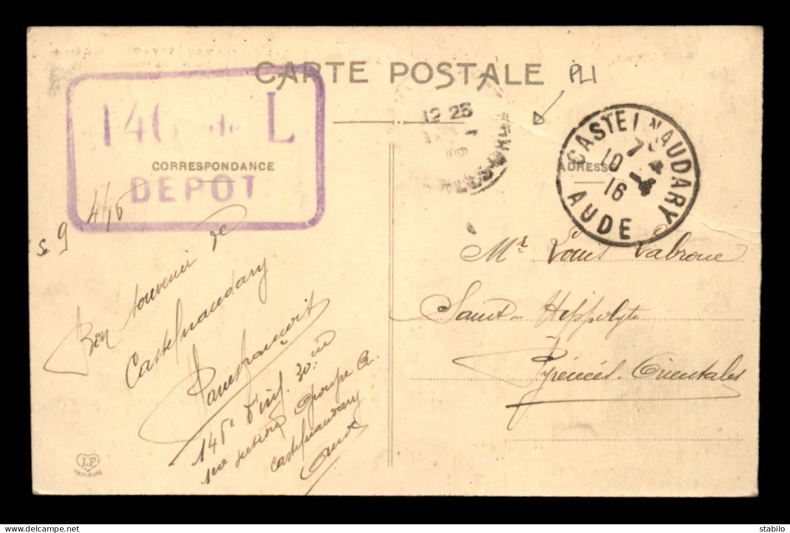  CACHET DU DEPOT DU 140 E DE LIGNE A CASTELNAUDARY (AUDE) - Guerre De 1914-18