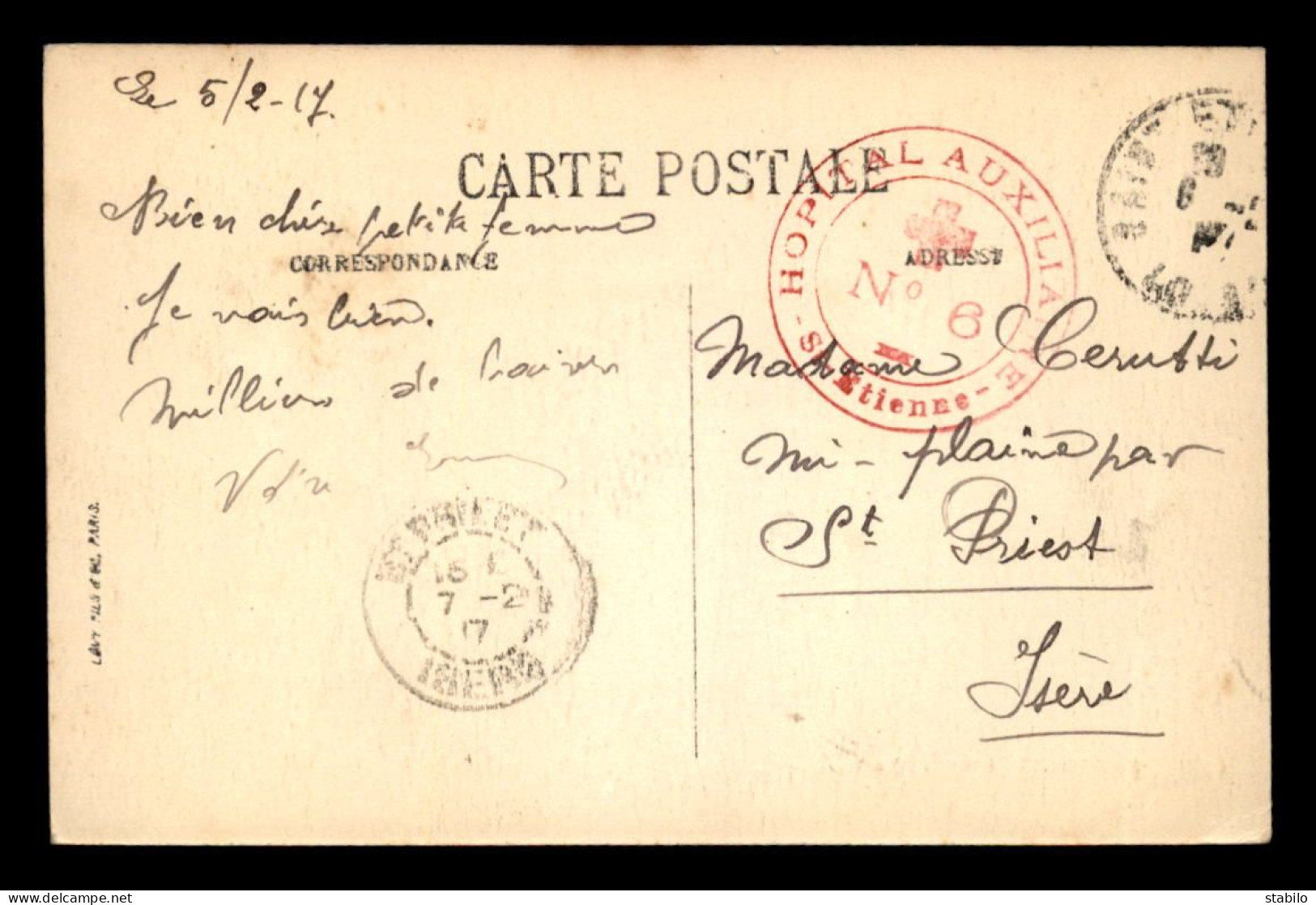 CACHET HOPITAL AUXILIAIRE N°6 - SAINT-ETIENNE (LOIRE) - 1. Weltkrieg 1914-1918