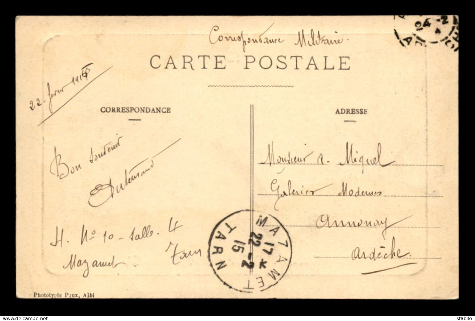 CACHET HOPITAL AUXILIAIRE DU TERRITOIRE, CROIX-ROUGE FRANCAISE - XVIE CORPS N°10 - MAZAMET (TARN) - Guerra Del 1914-18