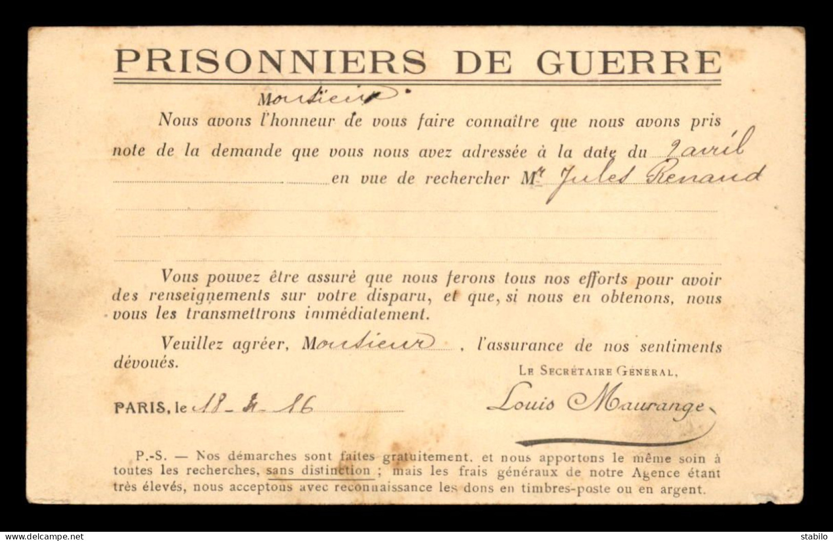 CARTE DE LA CROIX-ROUGE FRANCAISE - AGENCE DES PRISONNIERS DE GUERRE AVEC CACHET DE L'AGENCE - GUERRE 14/18 - Briefe U. Dokumente