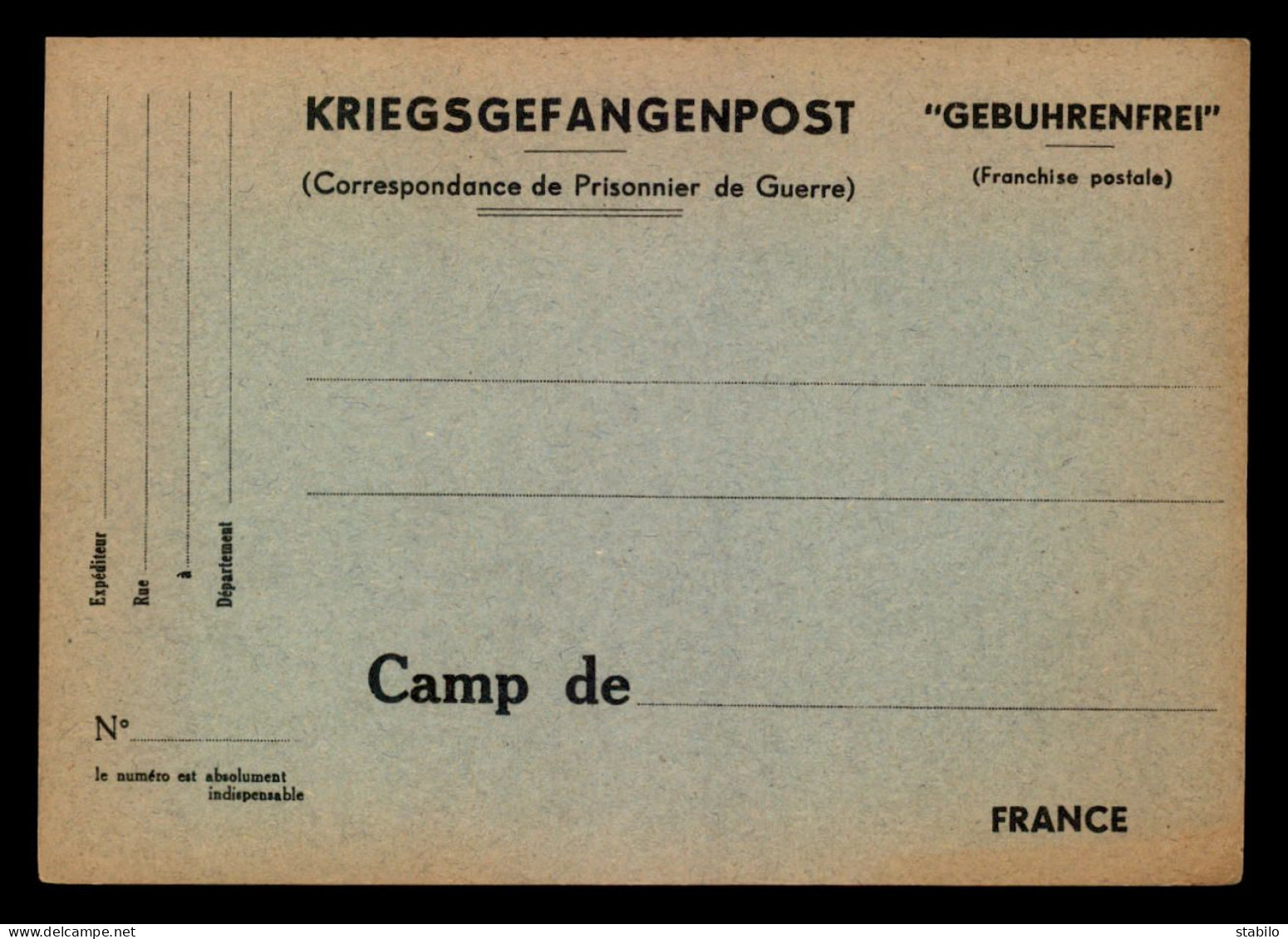 GUERRE 39/45 - KRIEGSGEFANGENENPOST - GEBUHRENFREI - CARTE PRISONNIERS DE GUERRE ALLEMANDS EN FRANCE - FORMAT 11 X 15.8 - Lettres & Documents