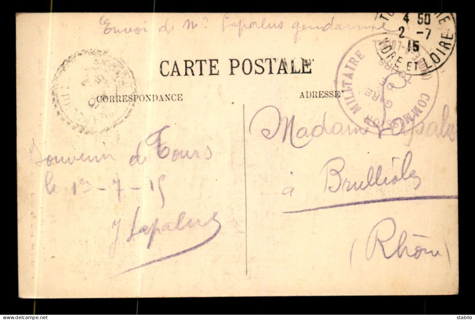 CACHET DE LA COMMISSION MILITAIRE DE LA GARE DE TOURS - Guerre De 1914-18