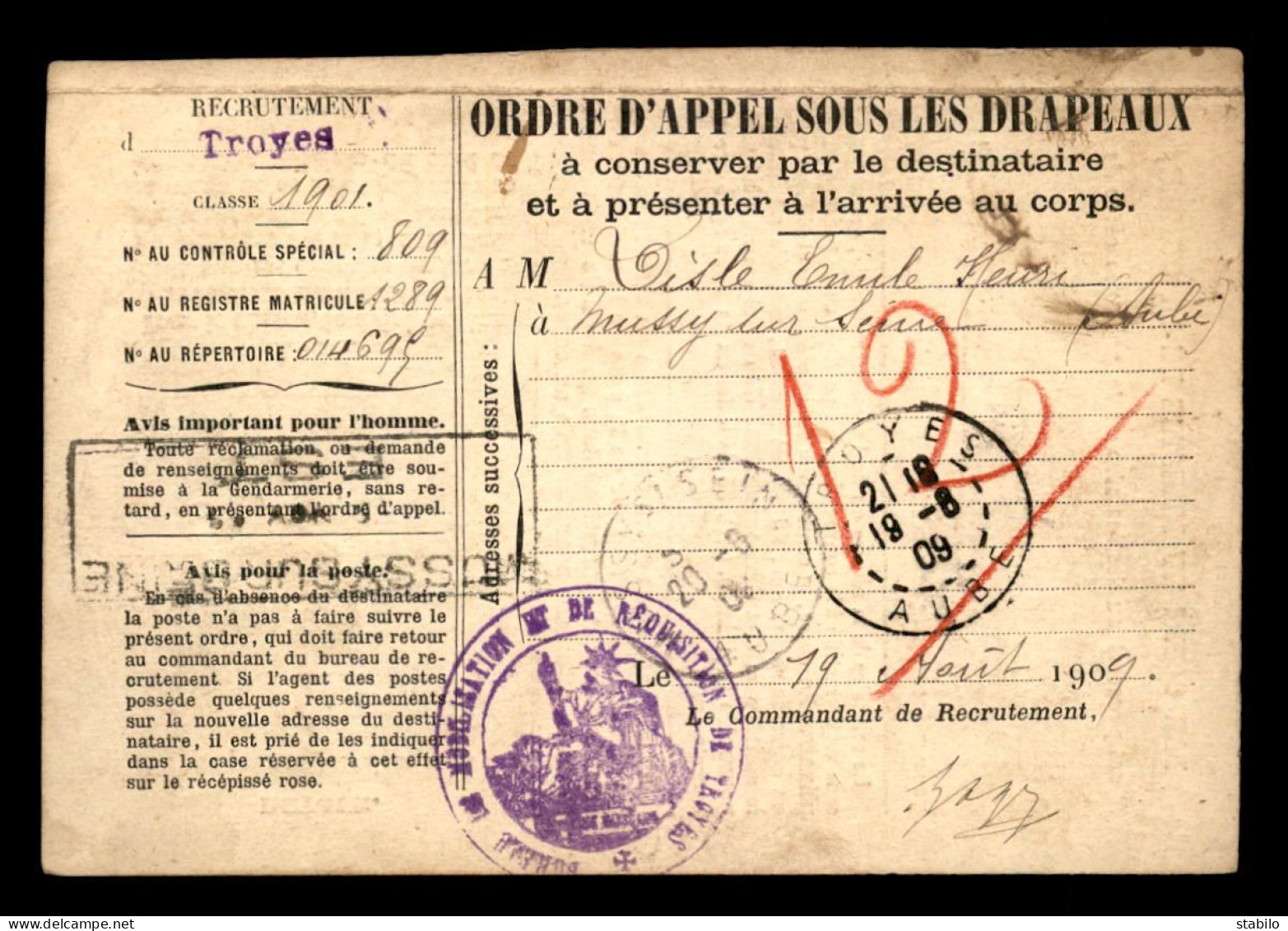 ORDRE D'APPEL SOUS LES DRAPEAUX DE 1909 - CACHET DU BUREAU DE MOBILISATION DE TROYES - CARTE EN FRANCHISE MILITAIRE  - Lettres & Documents