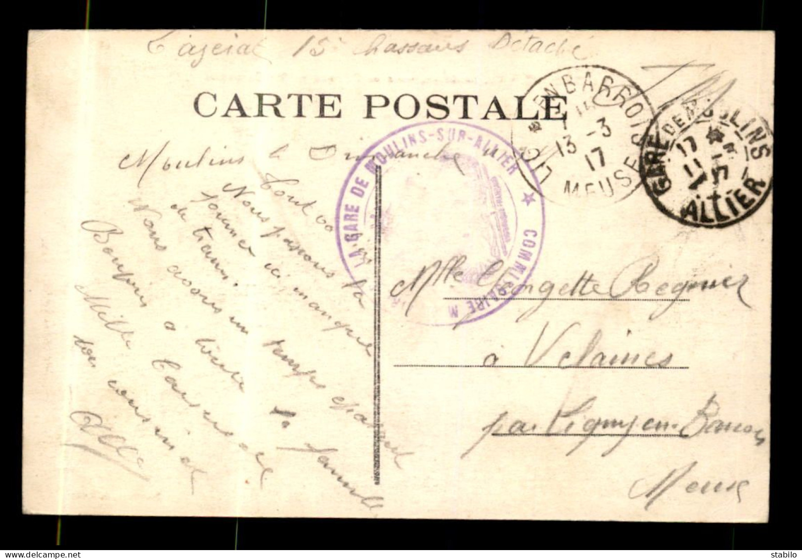 CACHET DU COMMISSAIRE MILITAIRE DE LA GARE DE MOULINS-SUR-ALLIER - 1. Weltkrieg 1914-1918
