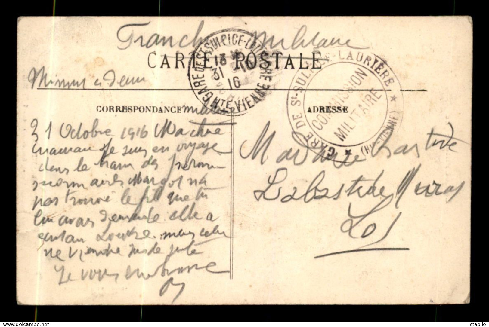 CACHET DE LA COMMISSION MILITAIRE DE LA GARE DE SAINT-SULPICE-LAURIERE (HAUTE-VIENNE) - Guerre De 1914-18