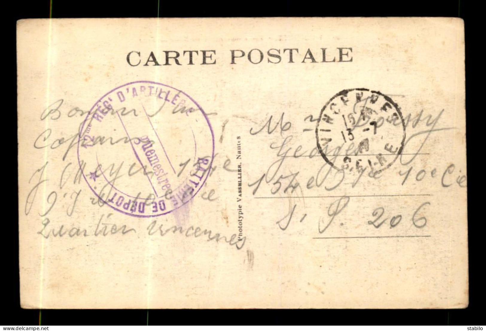 CACHET DU VAGUEMESTRE DE LA BATTERIE DEPOT DU 12EME REGIMENT D'ARTILLERIE A VINCENNES (VAL-DE-MARNE) - Guerre De 1914-18