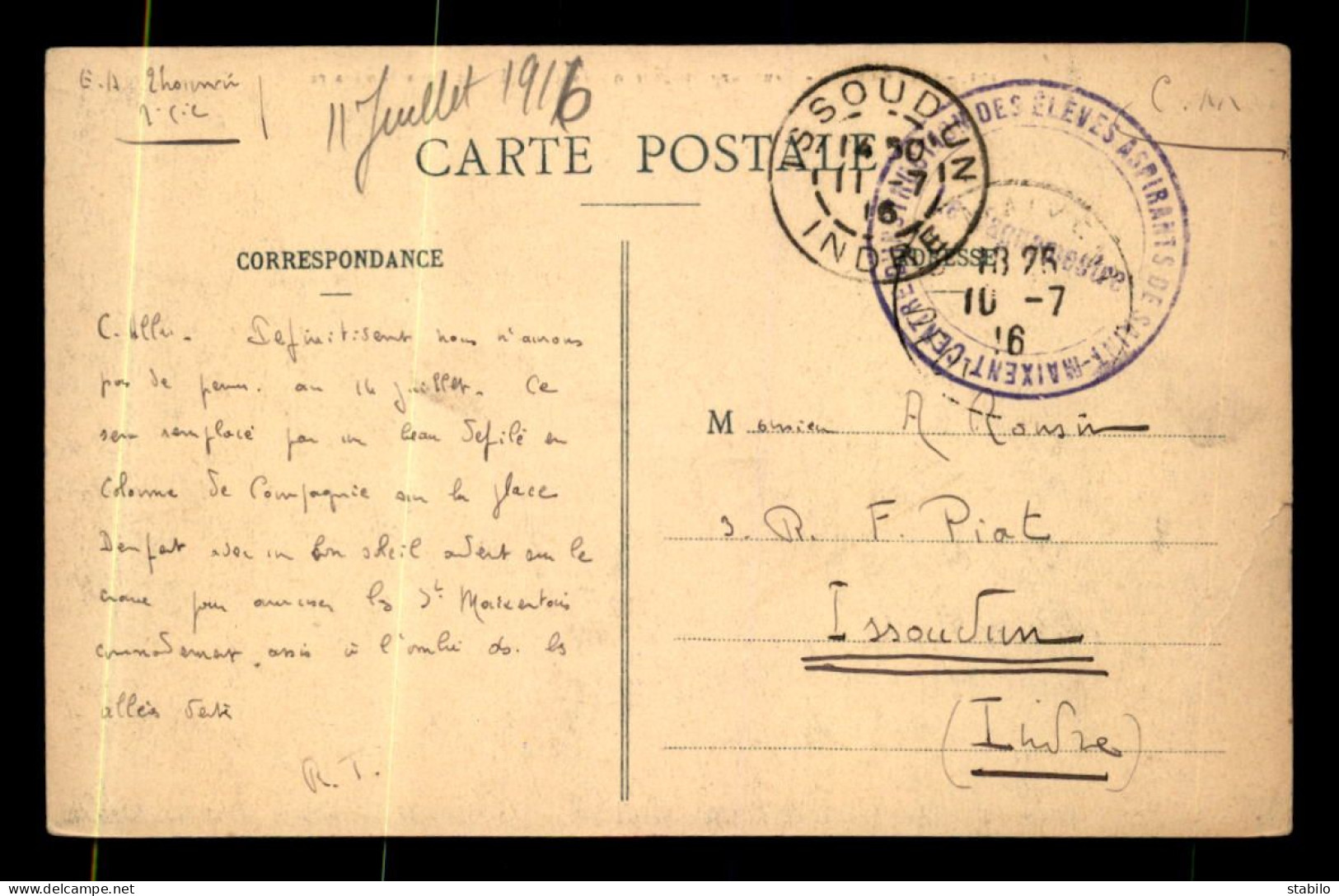 CACHET DU VAGUEMESTRE DU CENTRE D'INSTRUCTION DES ELEVES ASPIRANTS DE SAINT-MAIXENT - Guerra De 1914-18