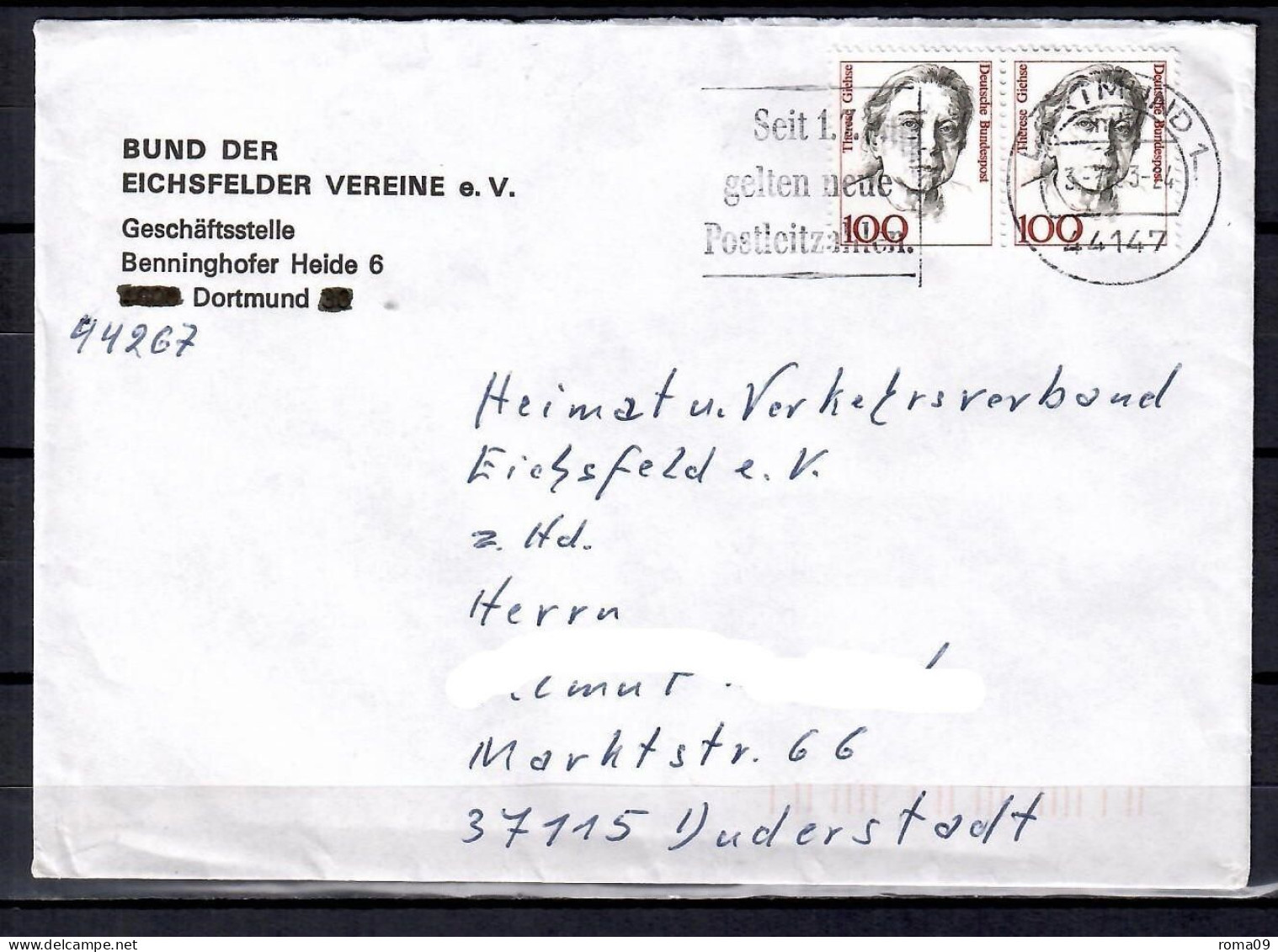 MiNr. 1390 (2x); Frauen: Therese Giehse, Auf Portoger. Brief Von Dortmund Nach Duderstadt; B-2095 - Covers & Documents